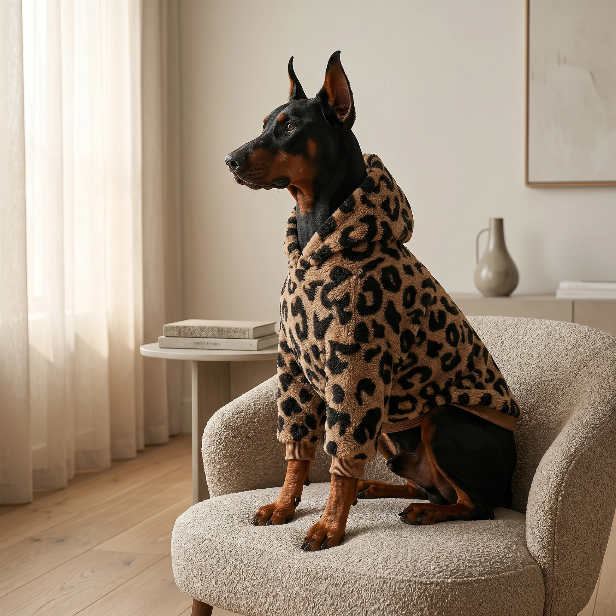 Doberman in NookPaws™ Deep Chest Sherpa Hoodie — high-pile leopard-print fleece for deep-chested dogs, soft texture and minimalist fit in warm morning light.