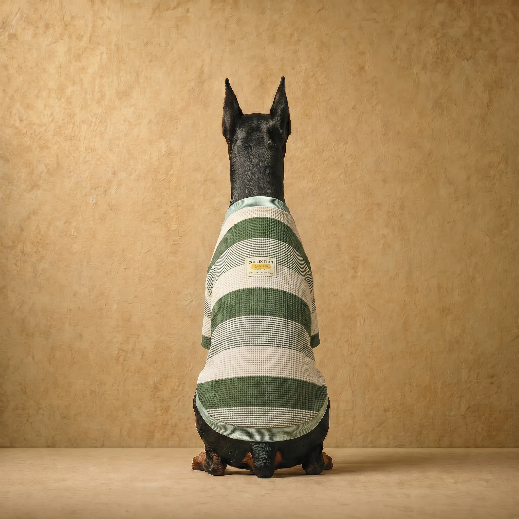 Doberman in a green and cream striped waffle-knit sweater, tailored for deep-chested builds, showcasing a clean athletic fit with soft texture and neutral tones.