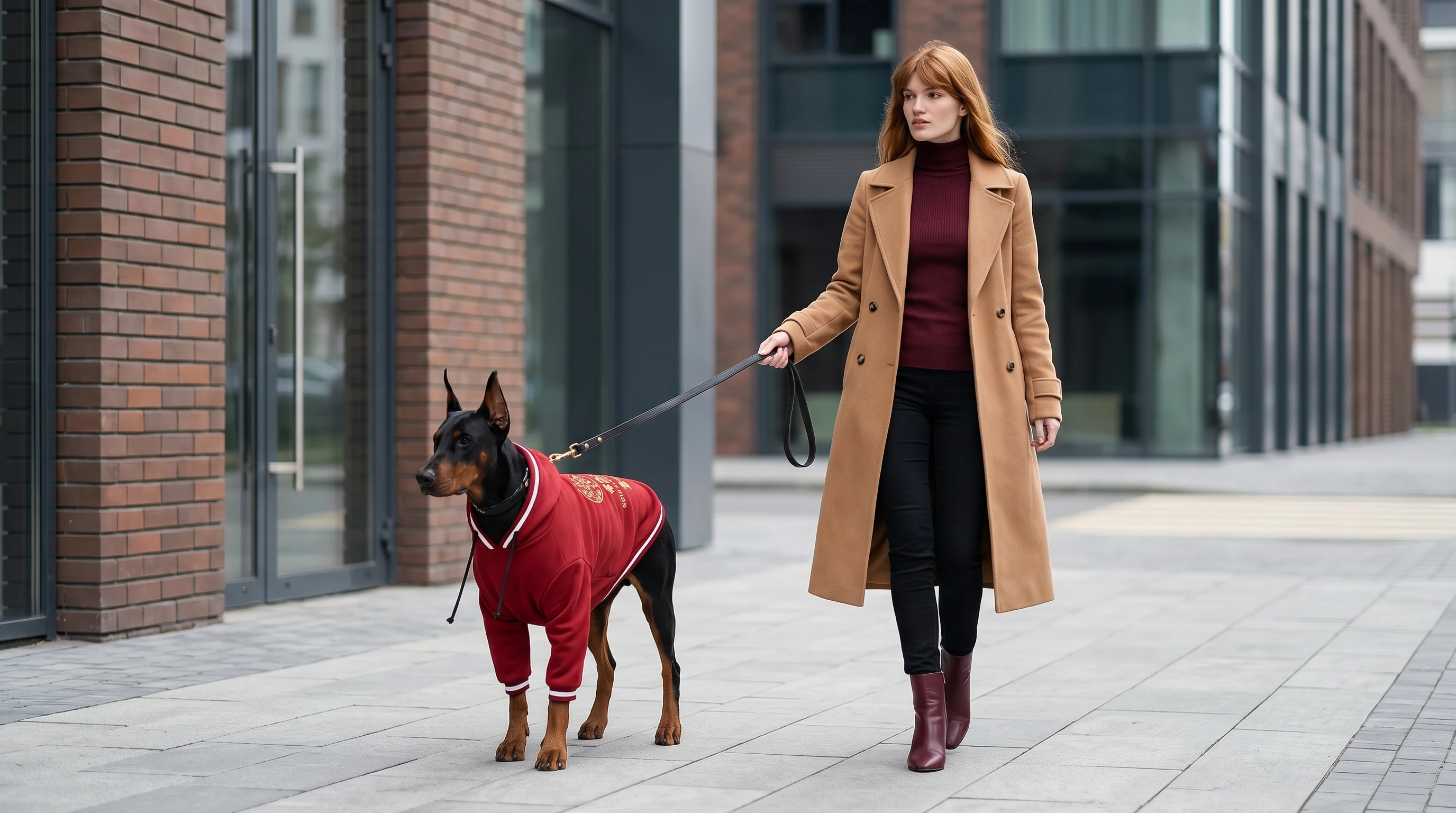 Doberman in NookPaws Heritage Red Deep-Chest Hoodie, minimalist dog apparel for large breeds, textured fleece, urban walk, calm winter layers, functional fit, deep-chested dog wear