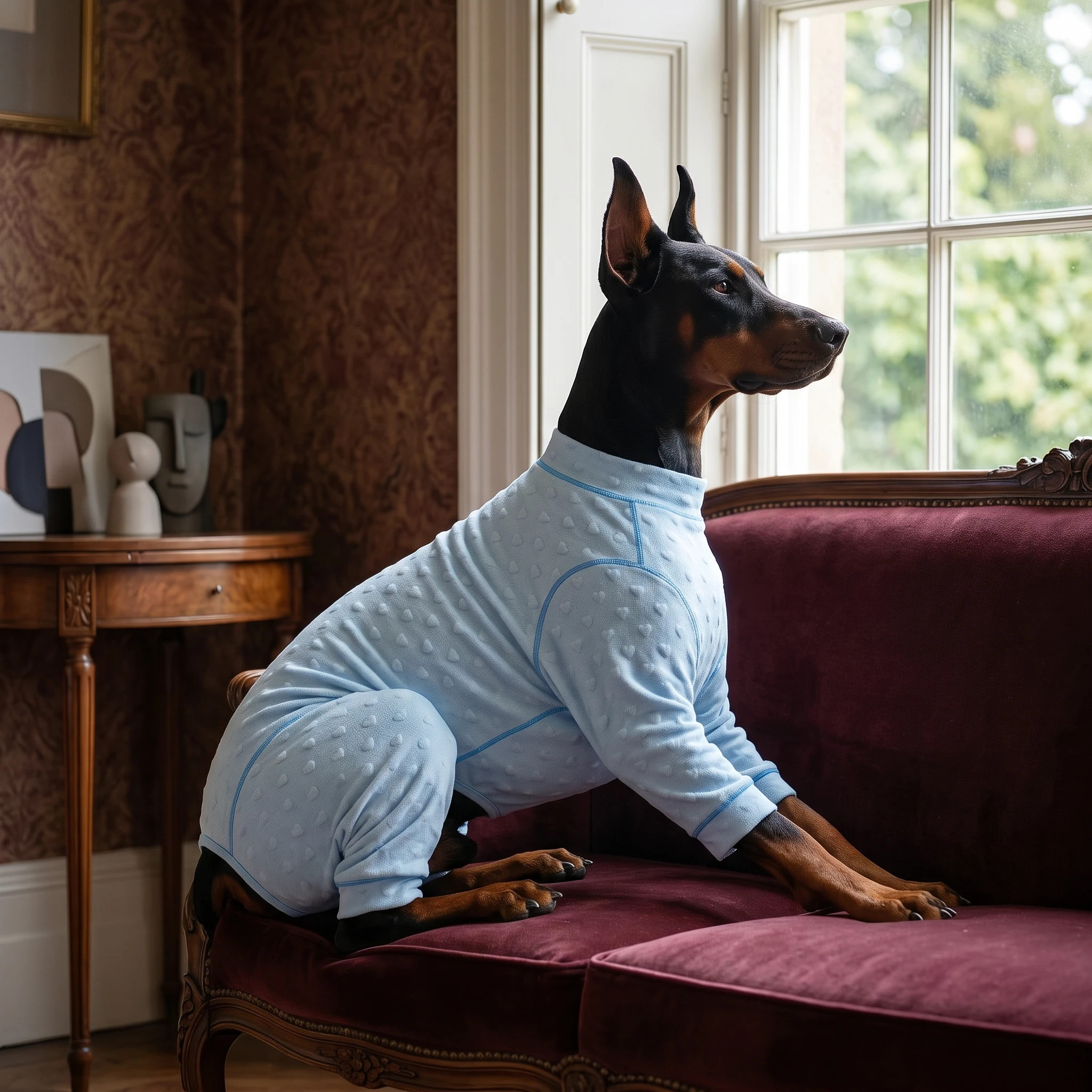 Doberman in light blue textured NookPaws indoor layer, resting on velvet sofa in soft natural light, minimalist design for deep-chested breeds, calm home setting