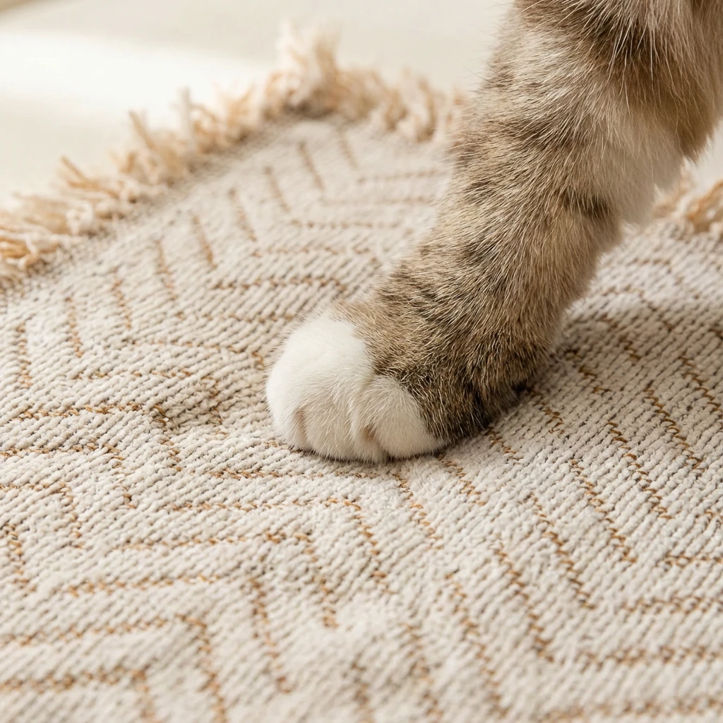 Soft beige chevron woven chenille throw with fringed edges, featuring a cat’s paw resting gently on its textured surface, embodying harmonious pet living in a minimalist interior.