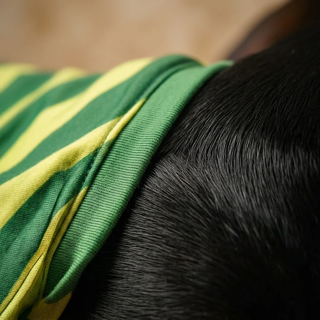 Green and yellow striped NookPaws Deep Chest Layer on a Doberman, soft fabric drapes naturally over sleek black coat in warm, minimalist lighting.