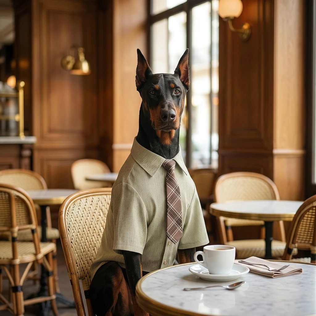 Doberman in NookPaws™ Deep Chest Striped Shirt, cotton-linen fabric with soft natural light, minimalist café setting, smart-casual large-breed apparel for deep-chested dogs.