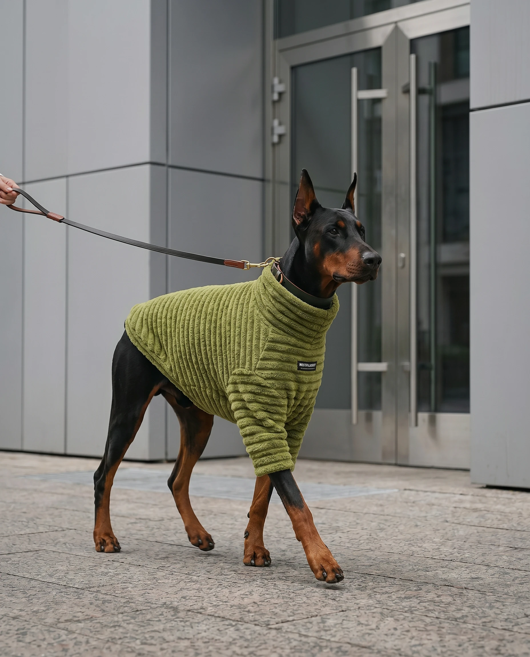 Doberman in olive green ribbed fleece sweater, high-neck design for deep-chested breeds, minimalist urban walk with soft textured fabric and clean lines