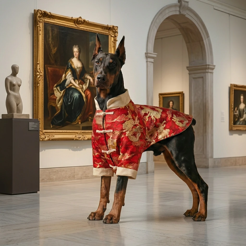 Doberman in Heritage Coat with red dragon jacquard and cream trim, standing in gallery under soft light, exuding calm elegance and deep-chested fit