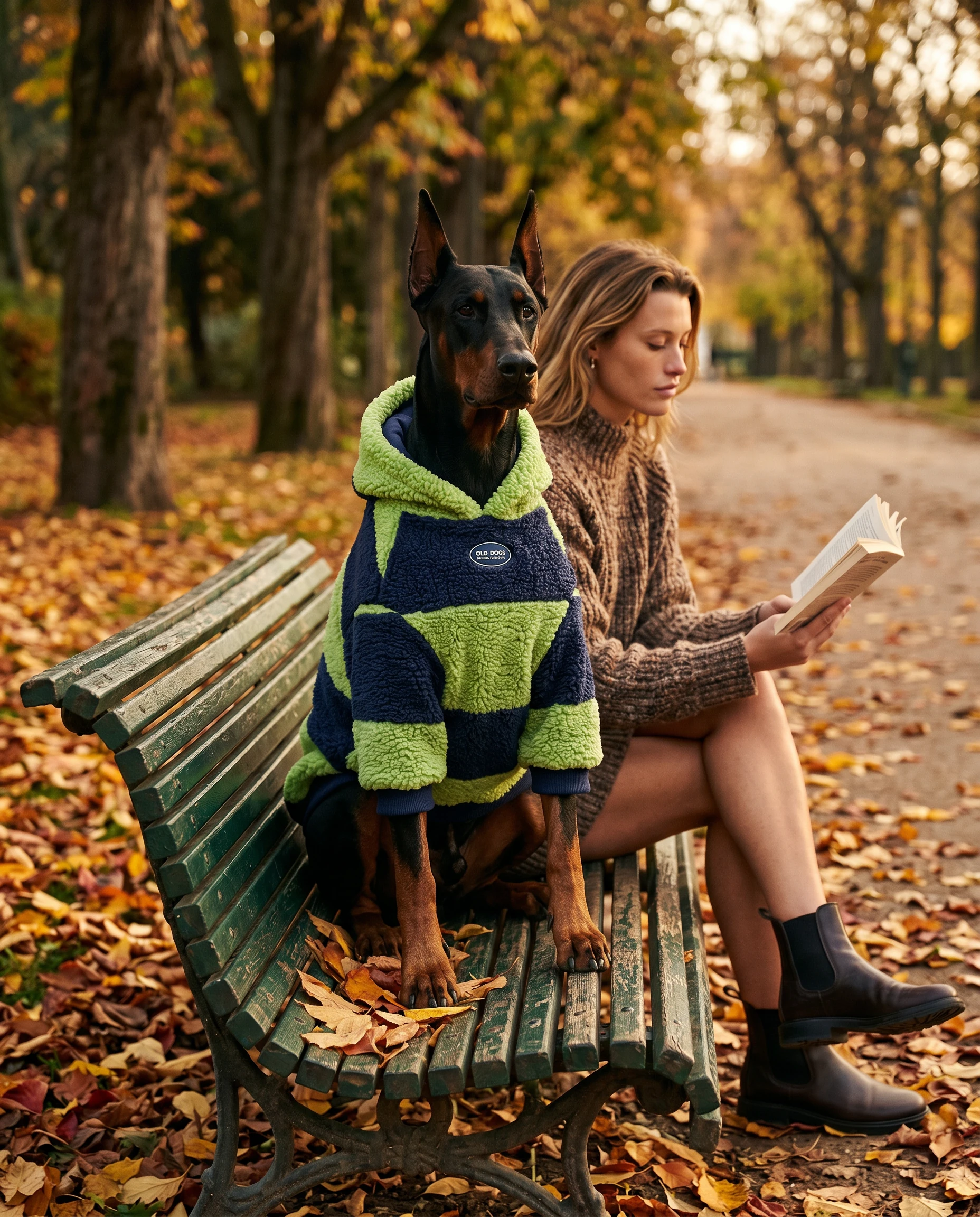 Doberman in lime green and navy mesh athletic layer, showcasing breathable fit for deep-chested breeds, relaxing on autumn park bench with owner reading, warm golden light filtering through leaves
