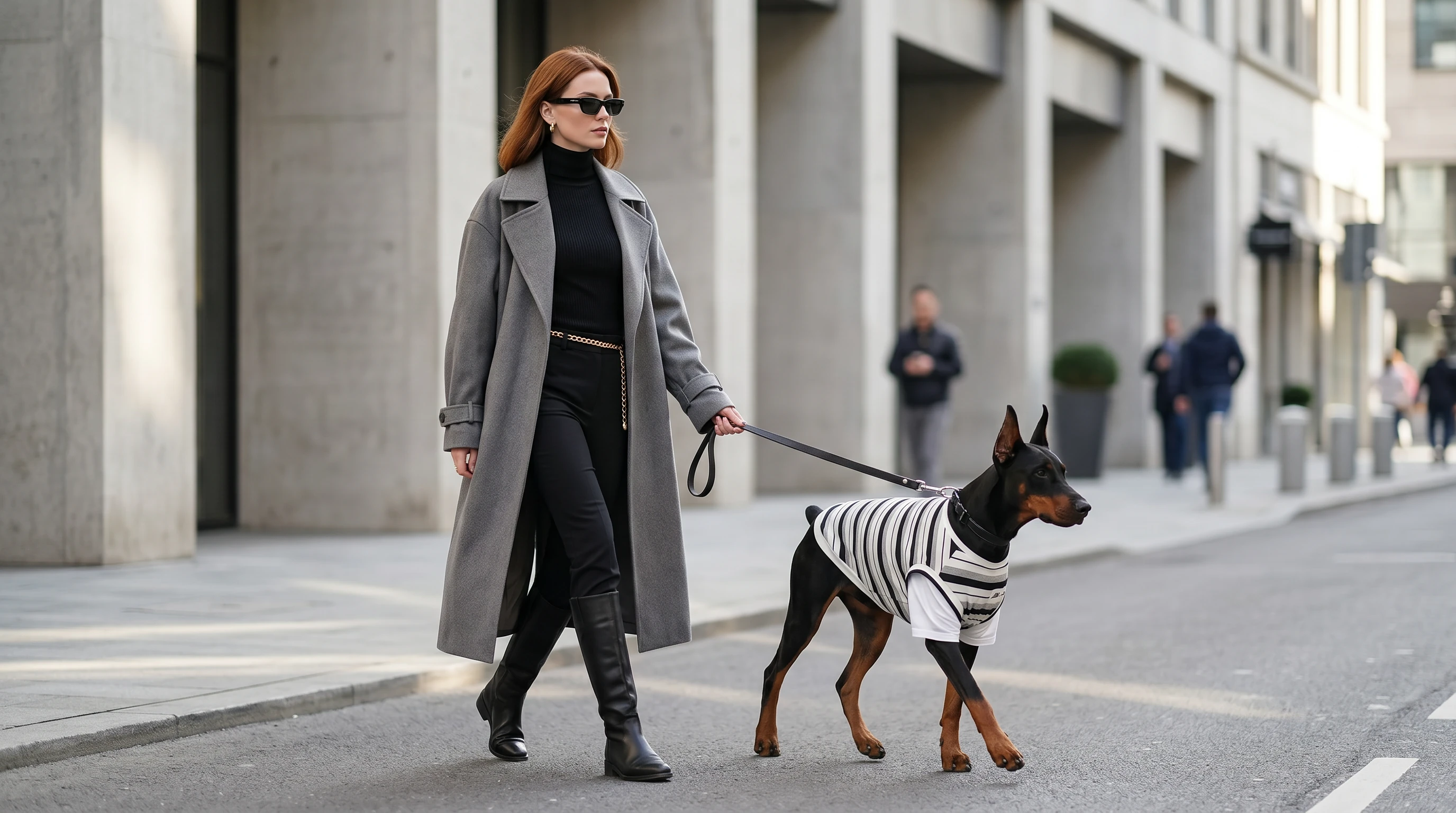 Doberman in minimalist striped shirt for deep-chested breeds, walking beside owner in urban setting, soft natural light highlighting breathable fabric and clean design.