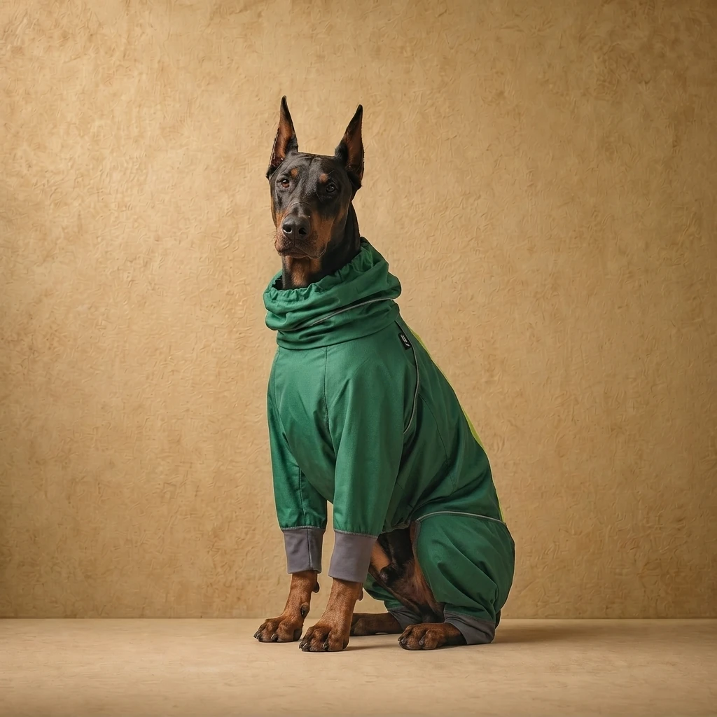 Doberman in forest green rainproof dog coat with full-leg coverage, high collar, and athletic fit for deep-chested breeds.
