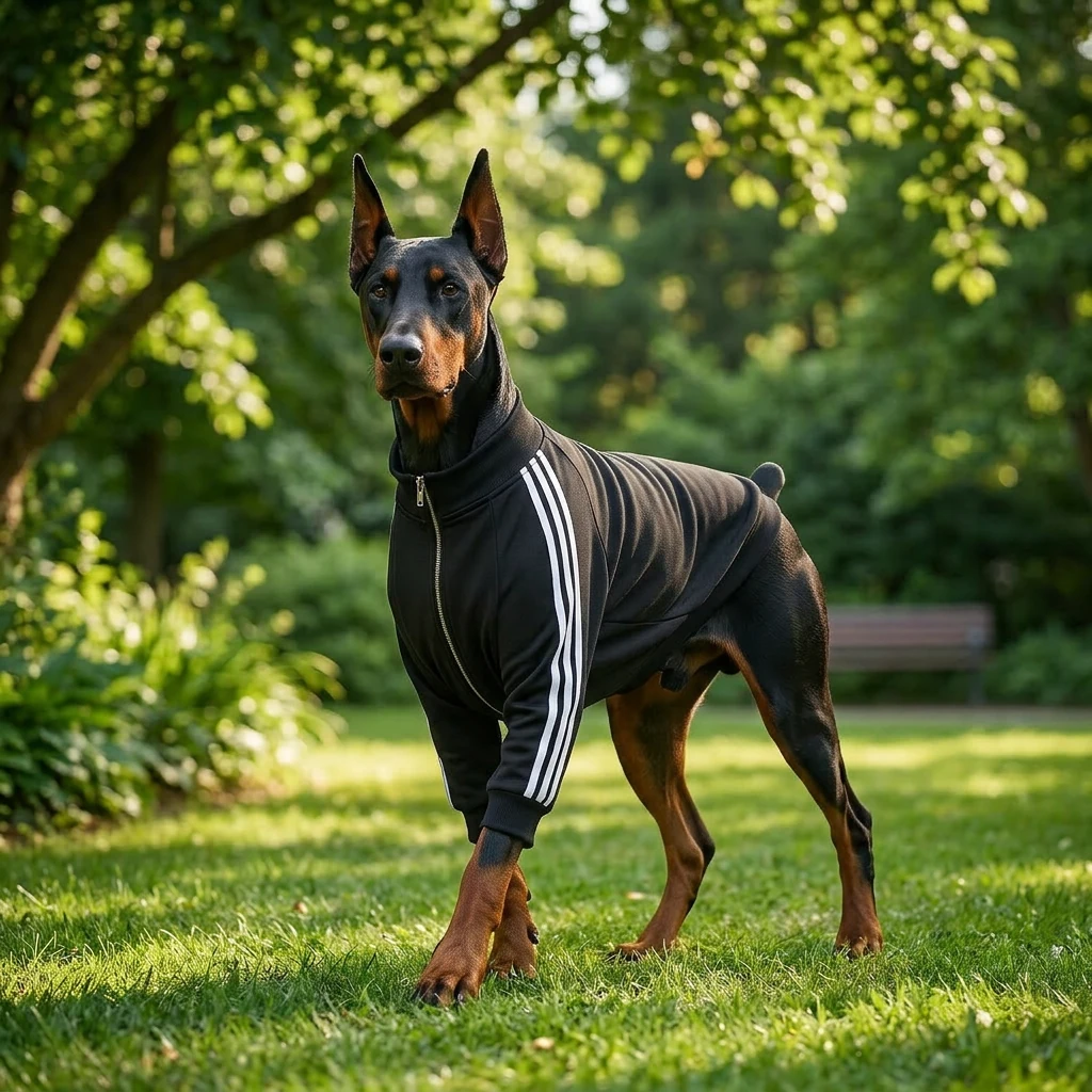 Doberman in NookPaws™ zip-up hoodie, sleek black athletic fit with white side stripes, standing on sunlit grass under dappled green canopy, minimalist design for deep-chested breeds.