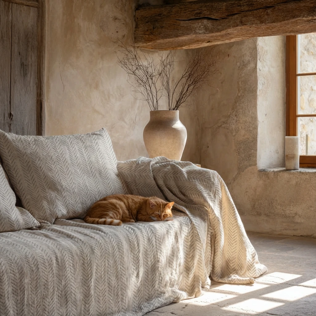 Soft beige chevron woven chenille throw draped over a sofa, featuring a sleeping ginger cat in a minimalist interior with textured walls and natural light, embodying harmonious pet living.