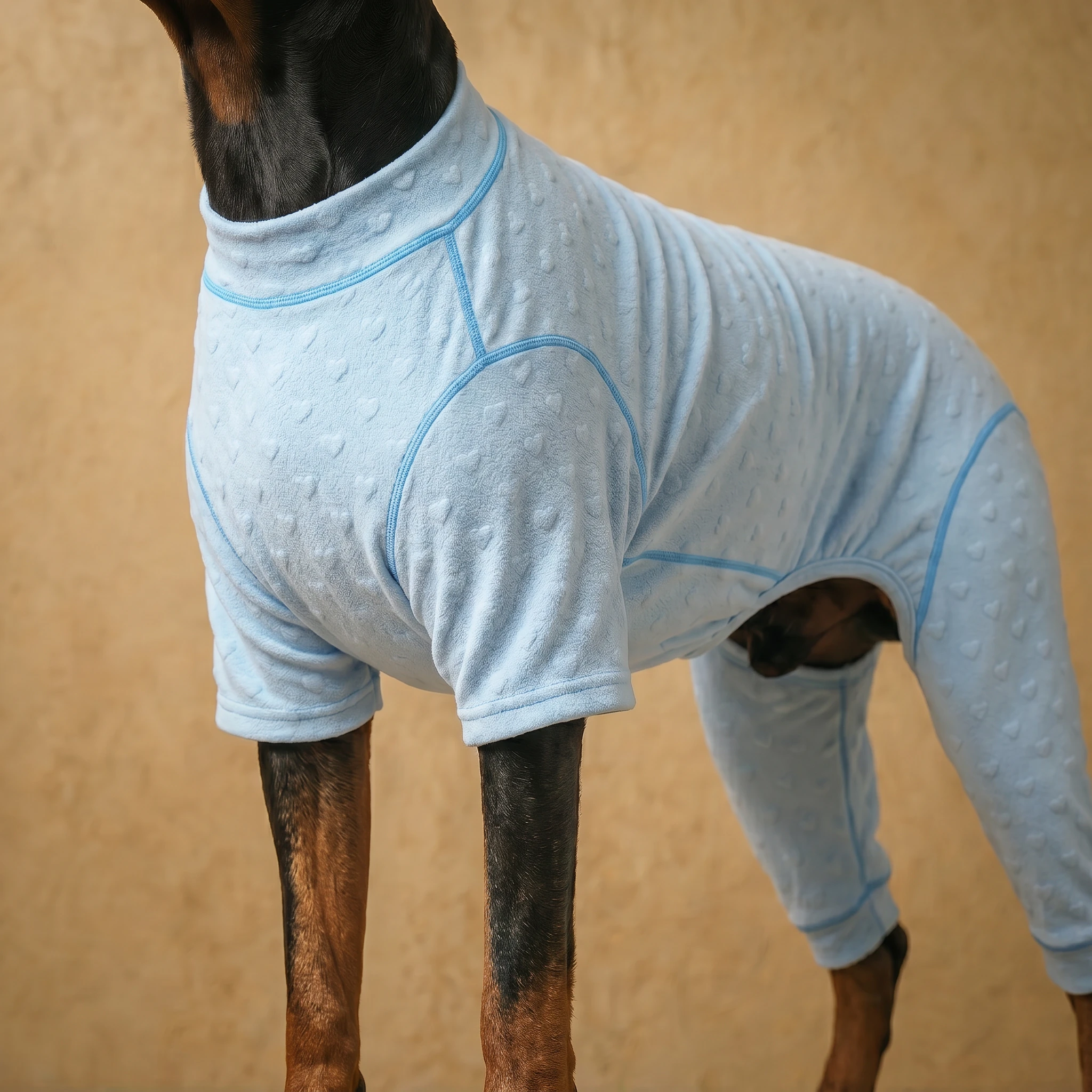 Soft mint-blue recovery suit with textured heart pattern and light blue piping, designed for deep-chested dogs like Dobermans, offering breathable comfort and gentle warmth during rest.