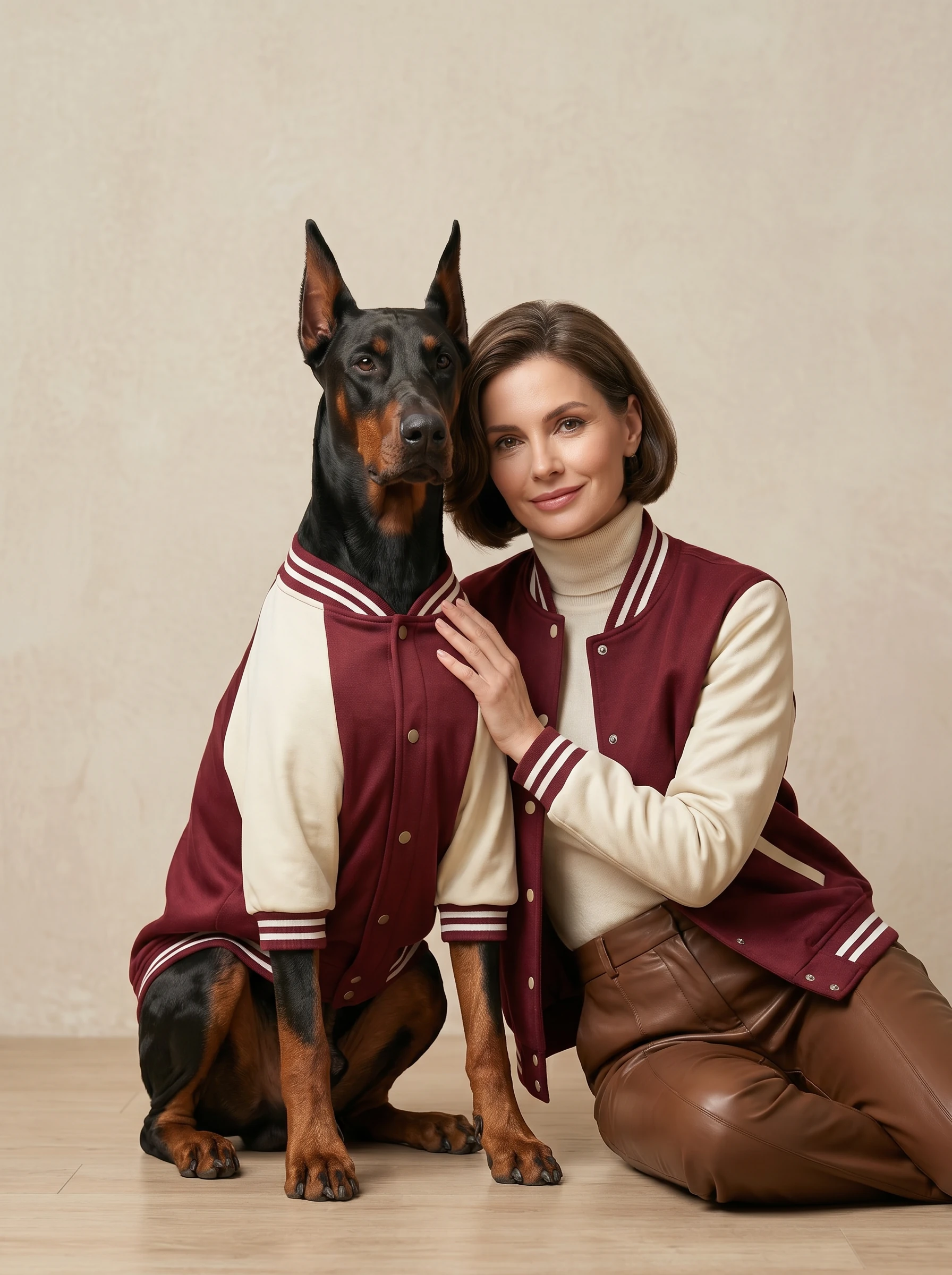 Doberman in NookPaws™ varsity jacket, maroon and cream, fitted for deep-chested breeds, soft fabric, warm lighting, minimalist aesthetic, companion pose