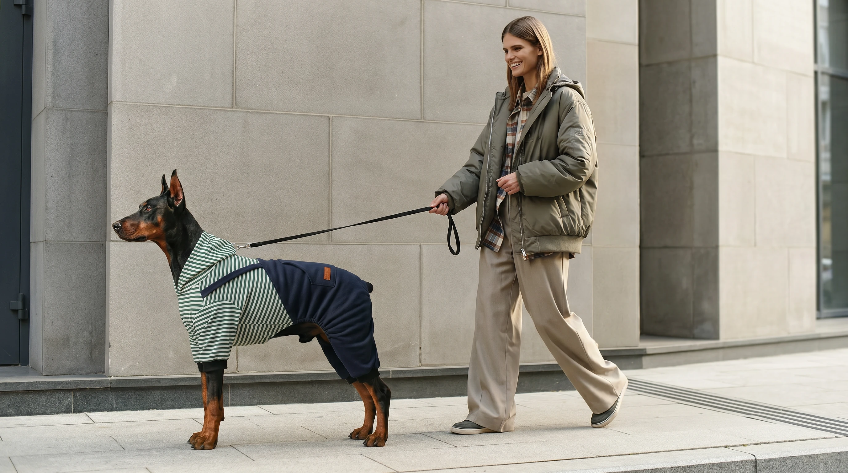 Doberman in NookPaws Full-Coverage Layer — soft fleece-lined dog hoodie with striped sleeves, designed for deep-chested breeds, walking urban stone path with owner in neutral winter wear.