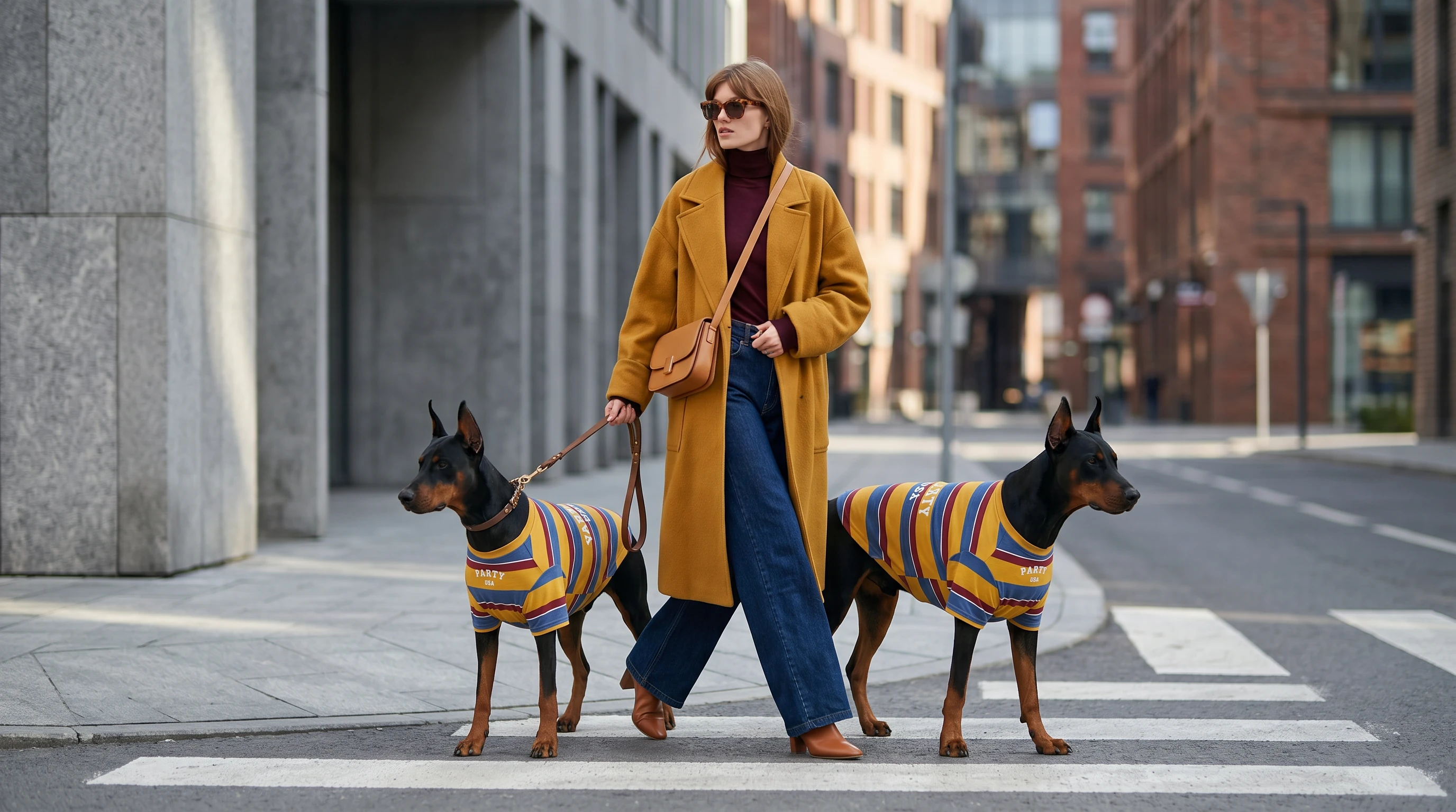NookPaws Deep-Chest Striped Layer in soft cotton blend, featuring bold blue, yellow, and red stripes, snugly fit on a Doberman’s athletic frame under natural light.