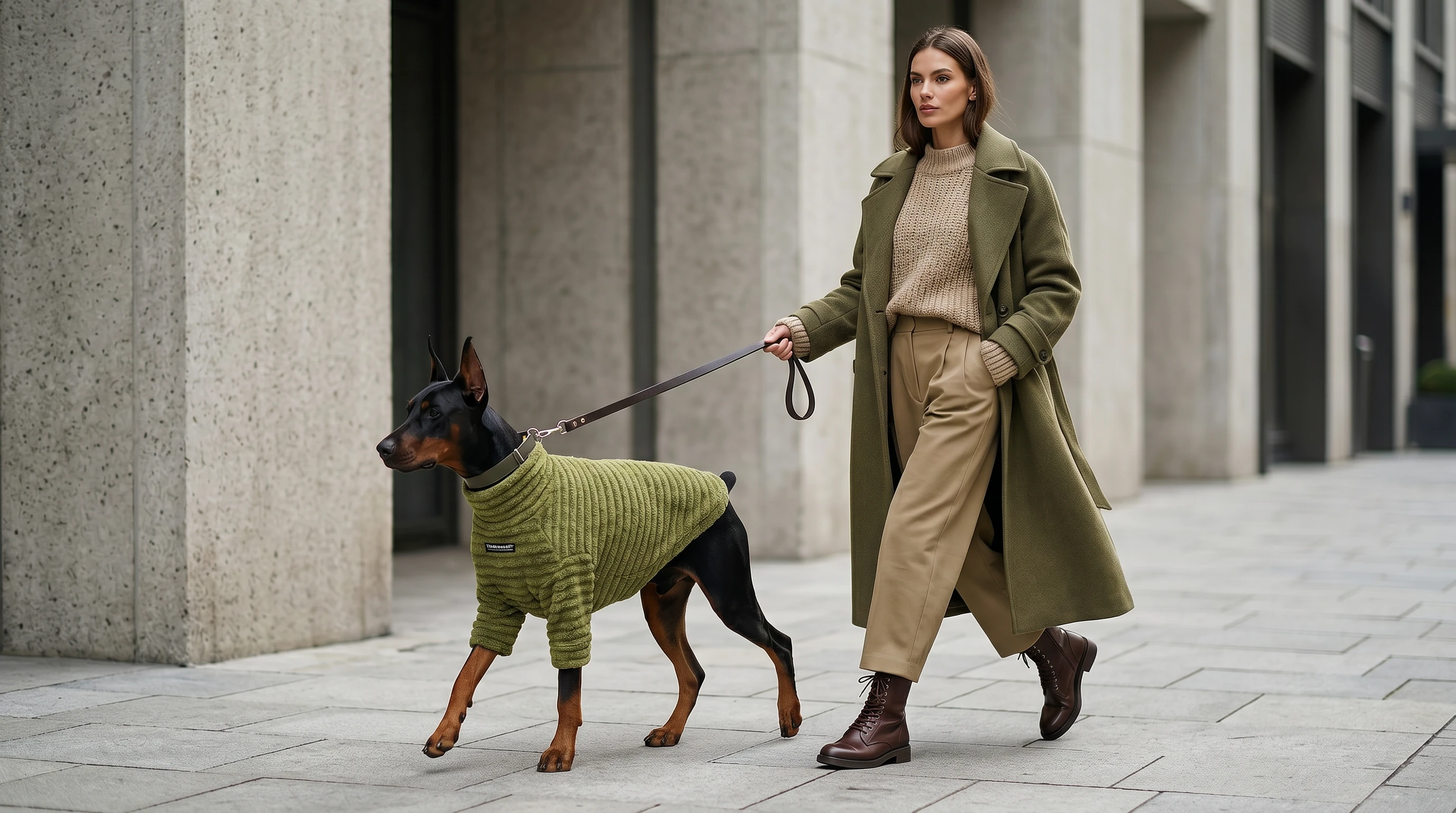 Doberman in olive green ribbed fleece sweater, styled for casual city walks, with high-neck fit for deep-chested breeds, minimalist design, neutral urban backdrop.
