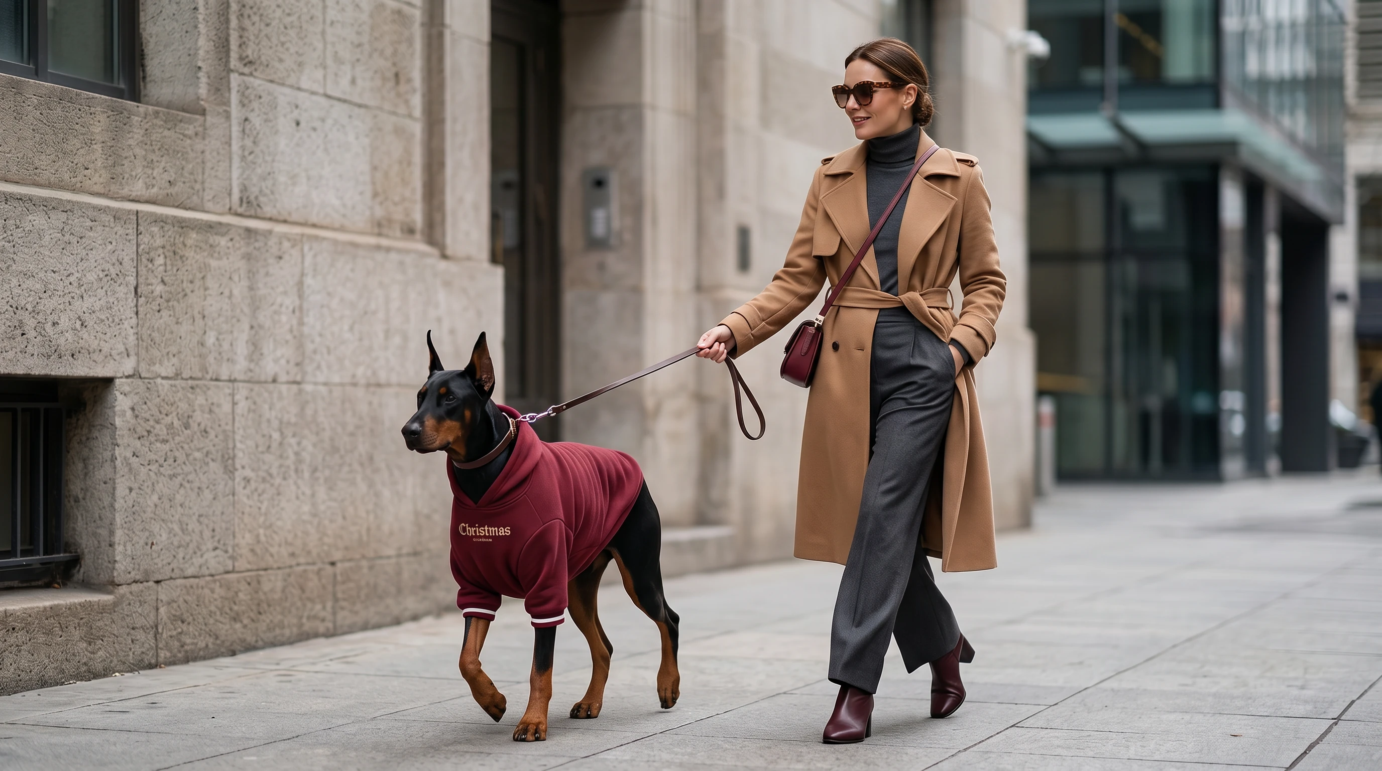 Deep-chested Doberman in NookPaws™ fleece hoodie, burgundy with ribbed texture, walking calmly beside owner on urban sidewalk, minimalist streetscape, soft daylight highlighting fabric warmth and fit.