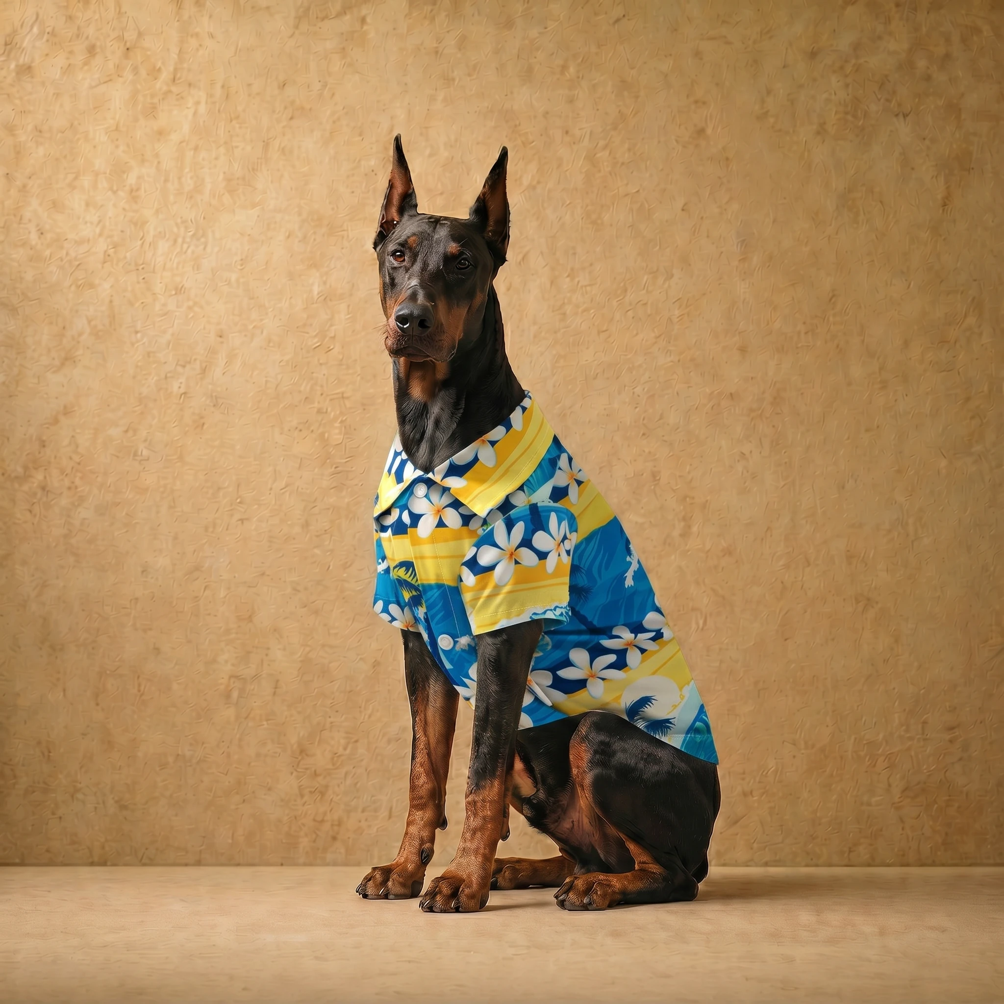 Doberman wearing a lightweight, breathable summer shirt in Sunset Wave print with tropical flowers and palm leaves, designed for deep-chested dogs, providing sun protection and a clean fit.