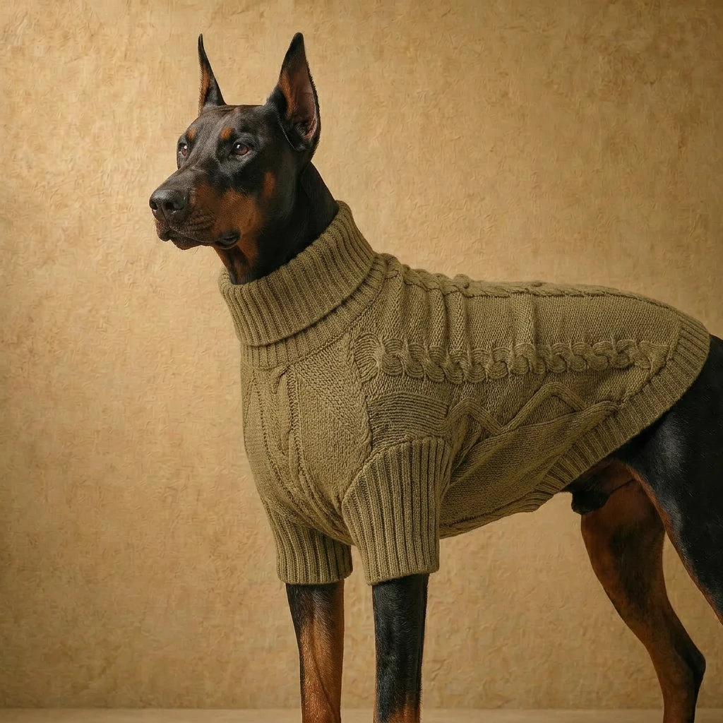 Doberman in olive cable-knit dog sweater, deep-chested fit, minimalist winter layer, textured knit, warm taupe backdrop, calm functional design