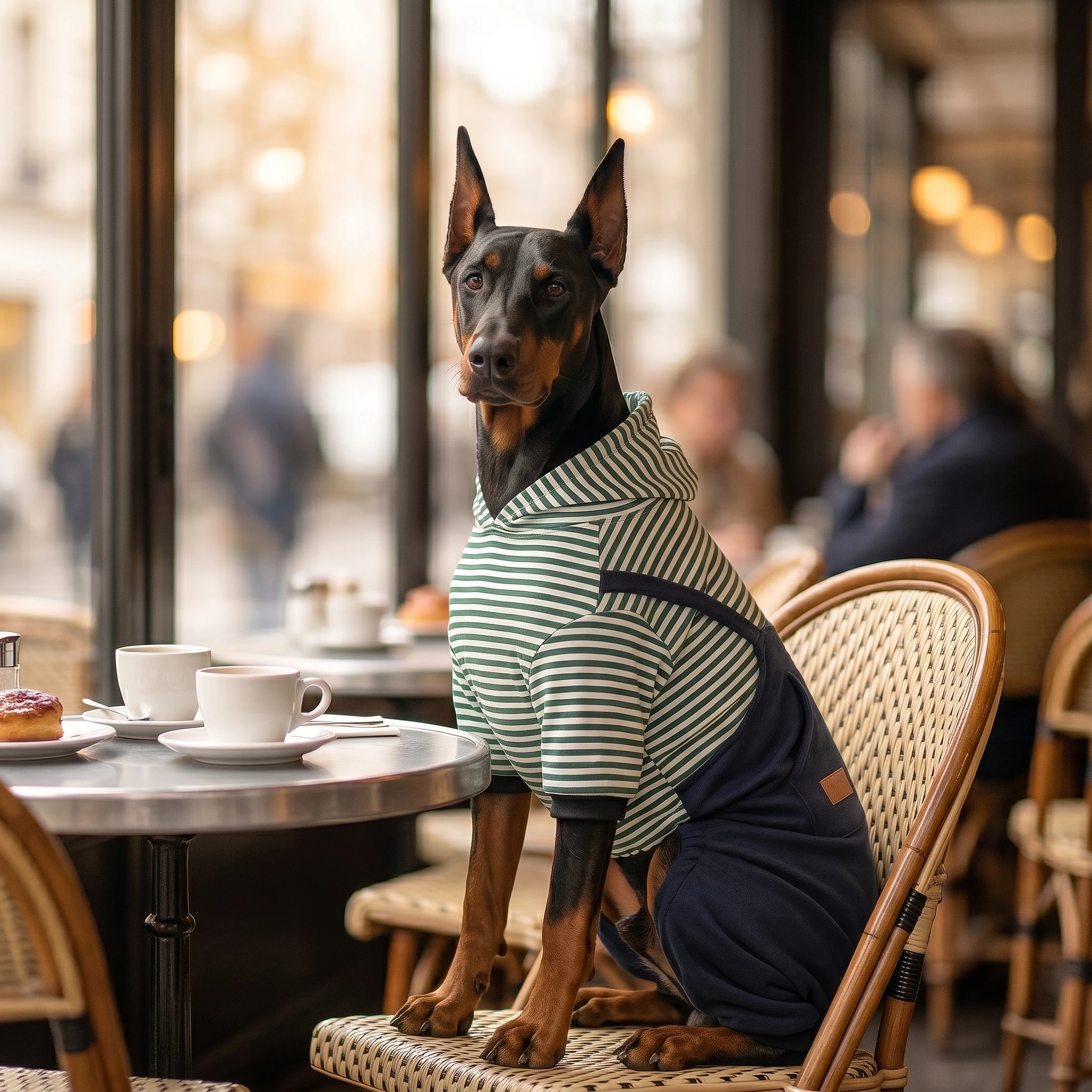 Doberman in green-and-white striped NookPaws™ full-coverage layer with navy fleece-lined back, seated at a café table—minimalist design for deep-chested breeds, soft fabric, warm ambient light.