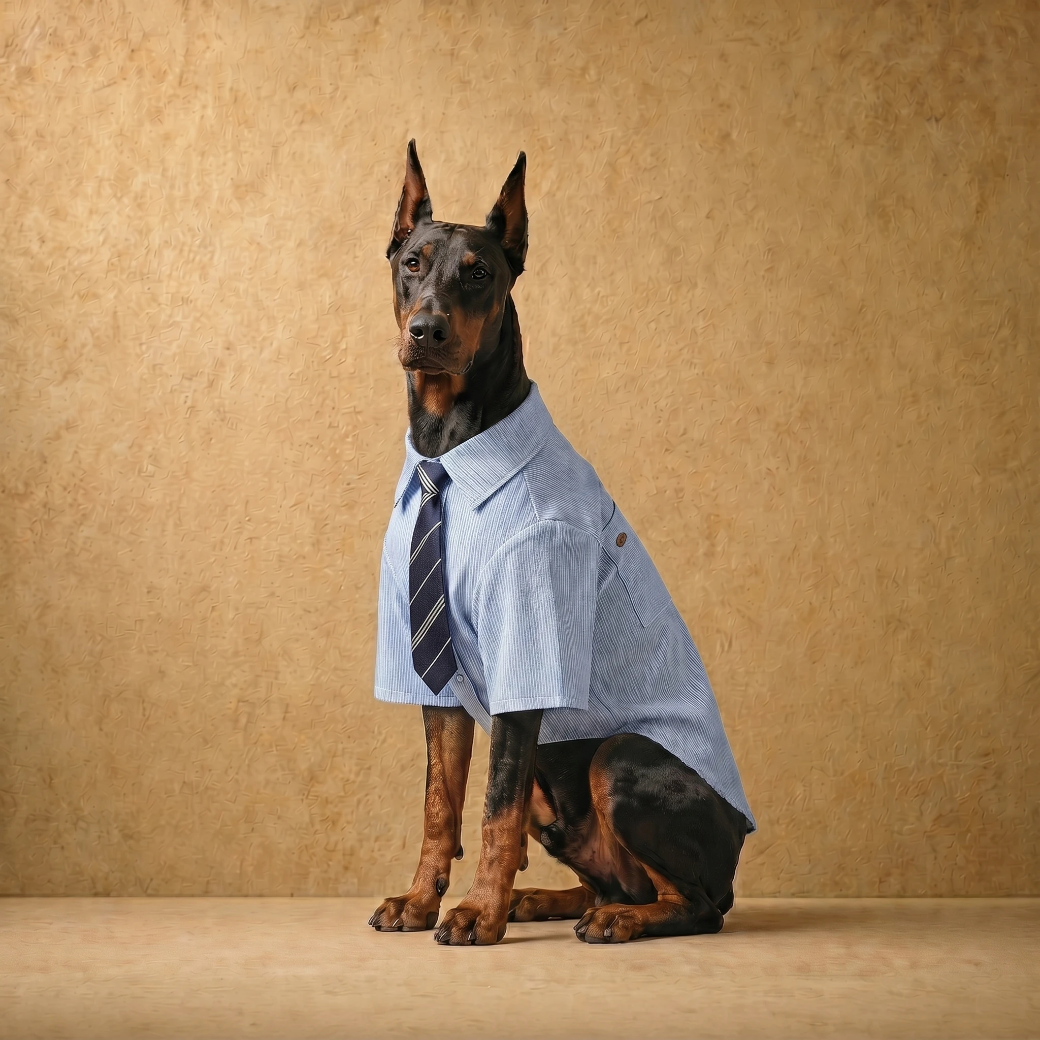 Doberman in a light blue striped cotton-linen shirt with a navy tie, tailored for deep chests, showcasing a clean, smart-casual fit with full mobility. Clothes that fit dobermans.