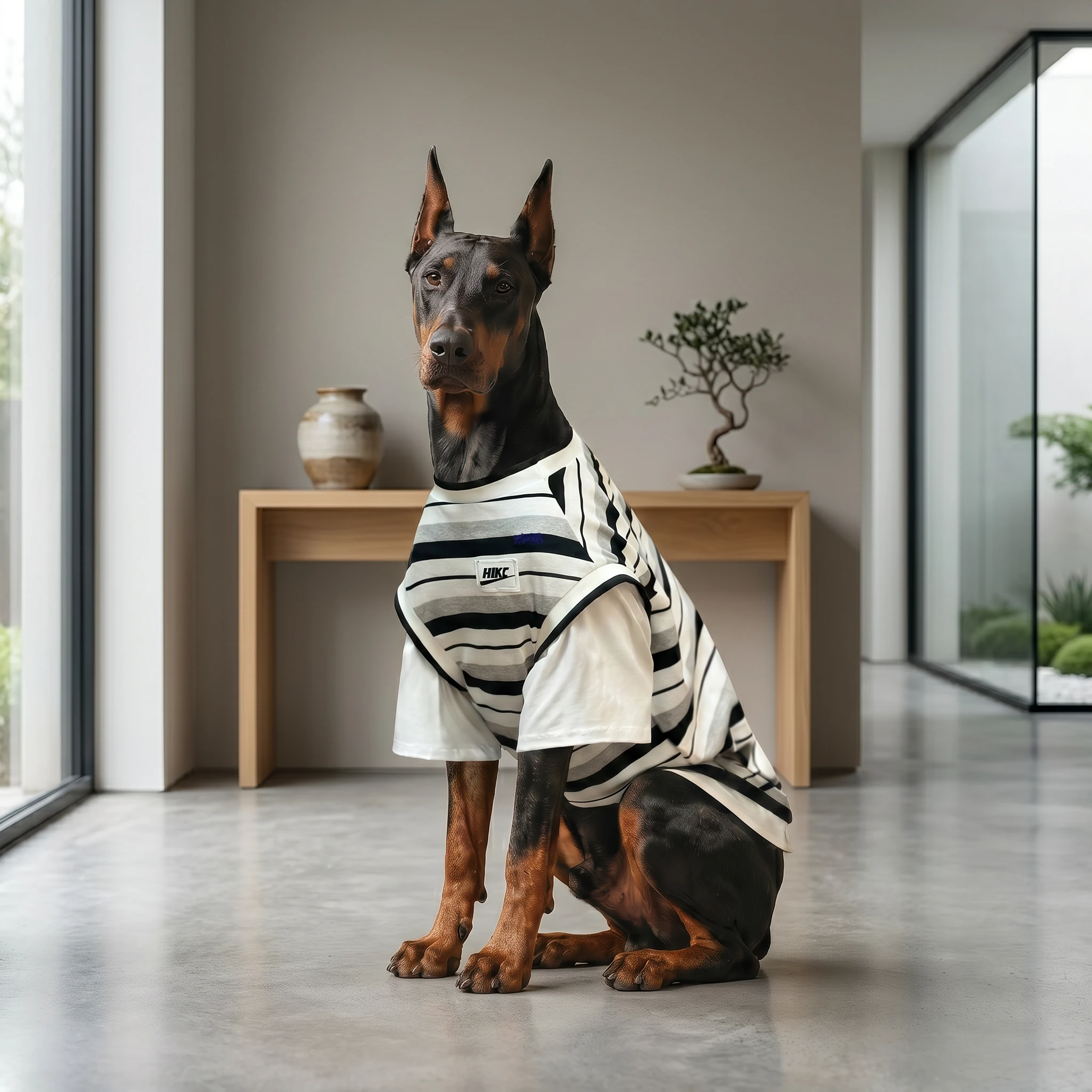 Doberman in NookPaws striped shirt, designed for deep-chested breeds, sits calmly in minimalist space with soft natural light, showcasing breathable fabric and relaxed fit.
