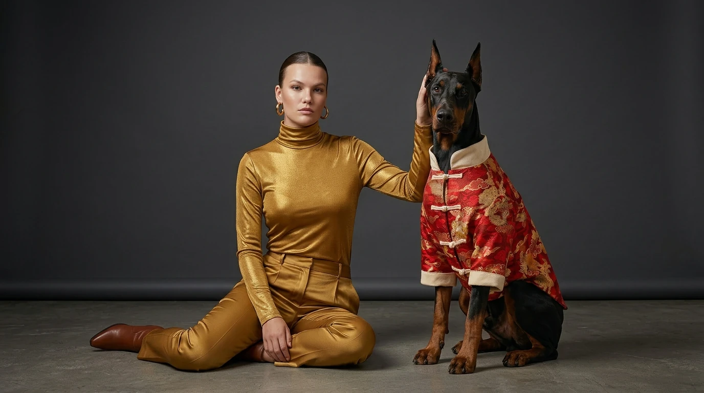 Doberman in heritage-inspired red coat with gold embroidery, tailored for deep-chested fit, beside model in gold, minimalist aesthetic, soft studio lighting.