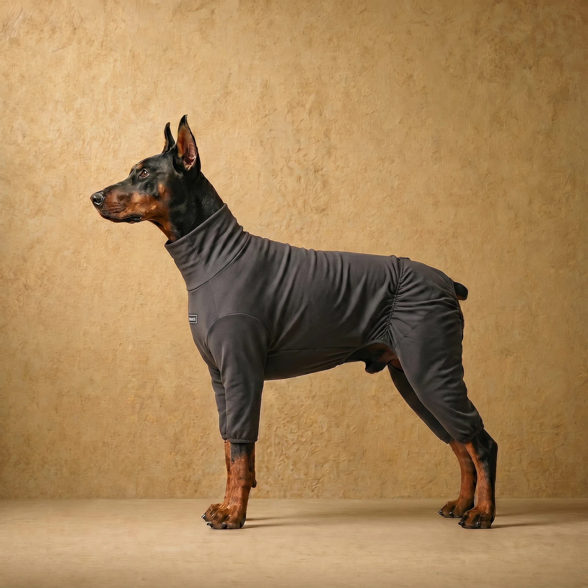 Doberman in a sleek, high-stretch recovery suit with full coverage, designed for deep-chested breeds, in a neutral charcoal tone, offering a close, athletic fit for indoor rest or post-activity recovery.