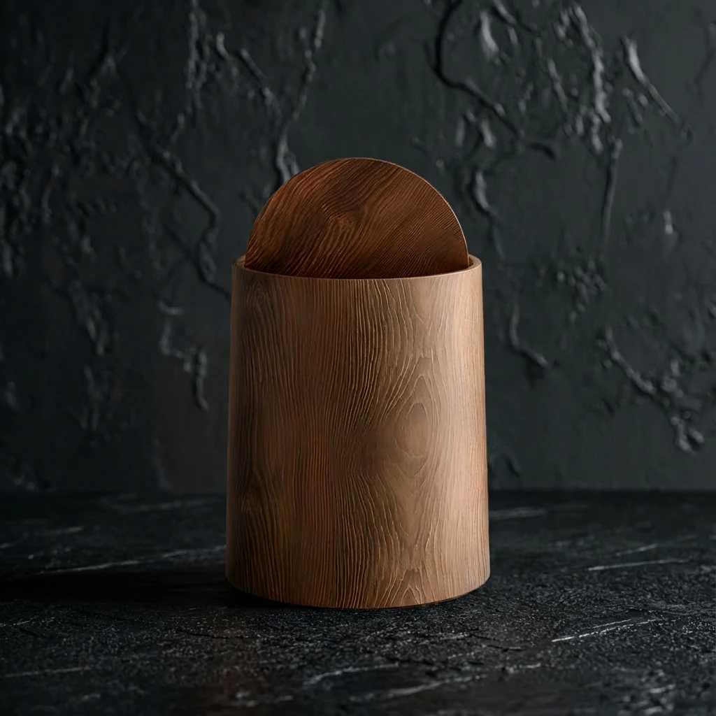 Cylindrical wood-grain waste bin with a smooth, rounded swing lid, set against a dark textured backdrop, embodying minimalist interior design and harmonious pet living.