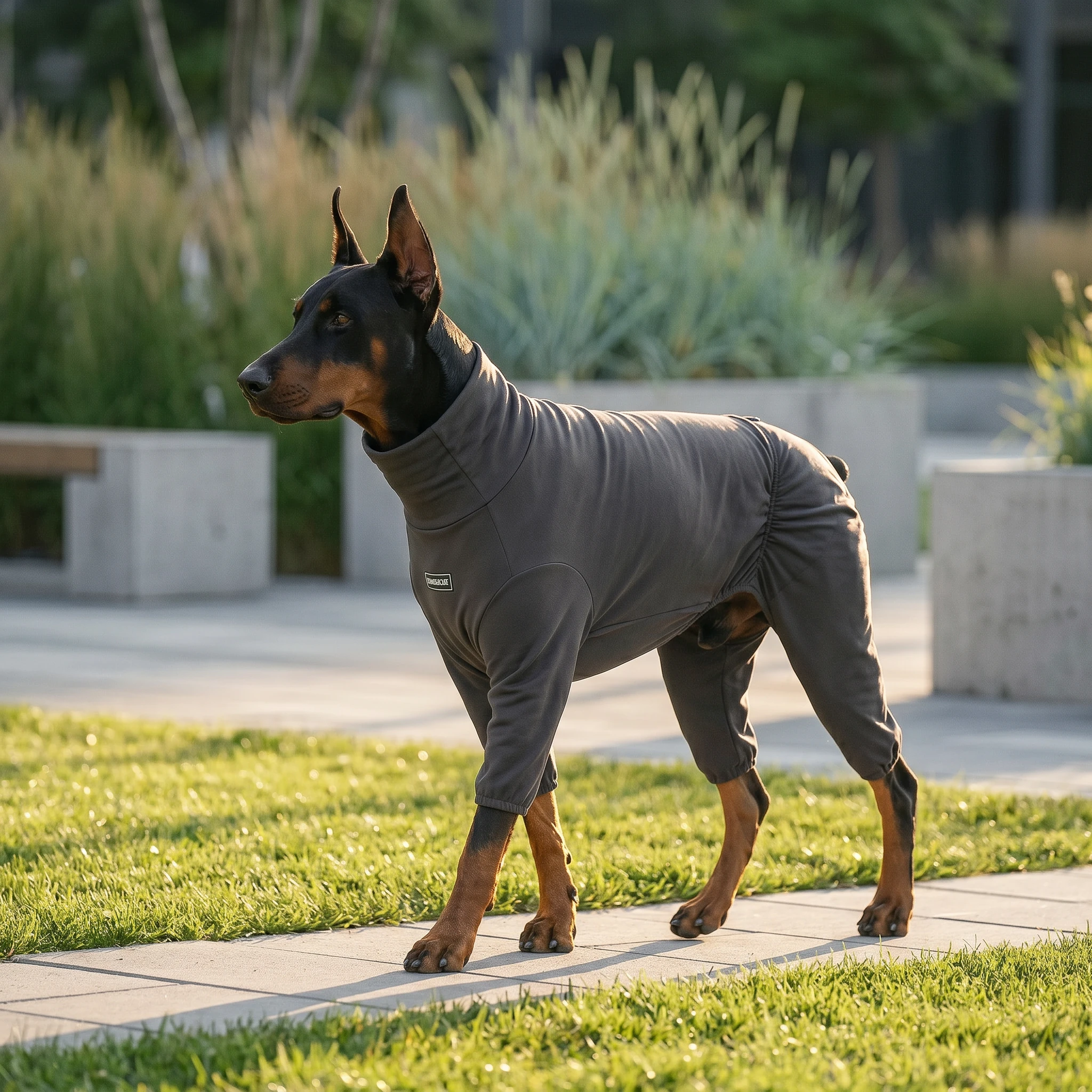 Doberman in NookPaws recovery suit, standing on stone path in golden light, soft textured fabric hugs deep chest, minimalist design for calm comfort and functional layering