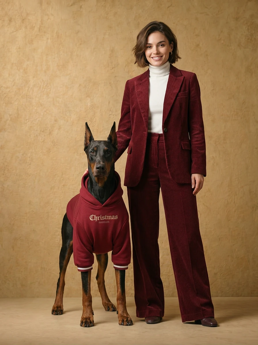 Doberman in NookPaws™ fleece hoodie, deep-chested fit, maroon corduroy texture, calm studio lighting, minimalist aesthetic, side-by-side with owner in matching suit.