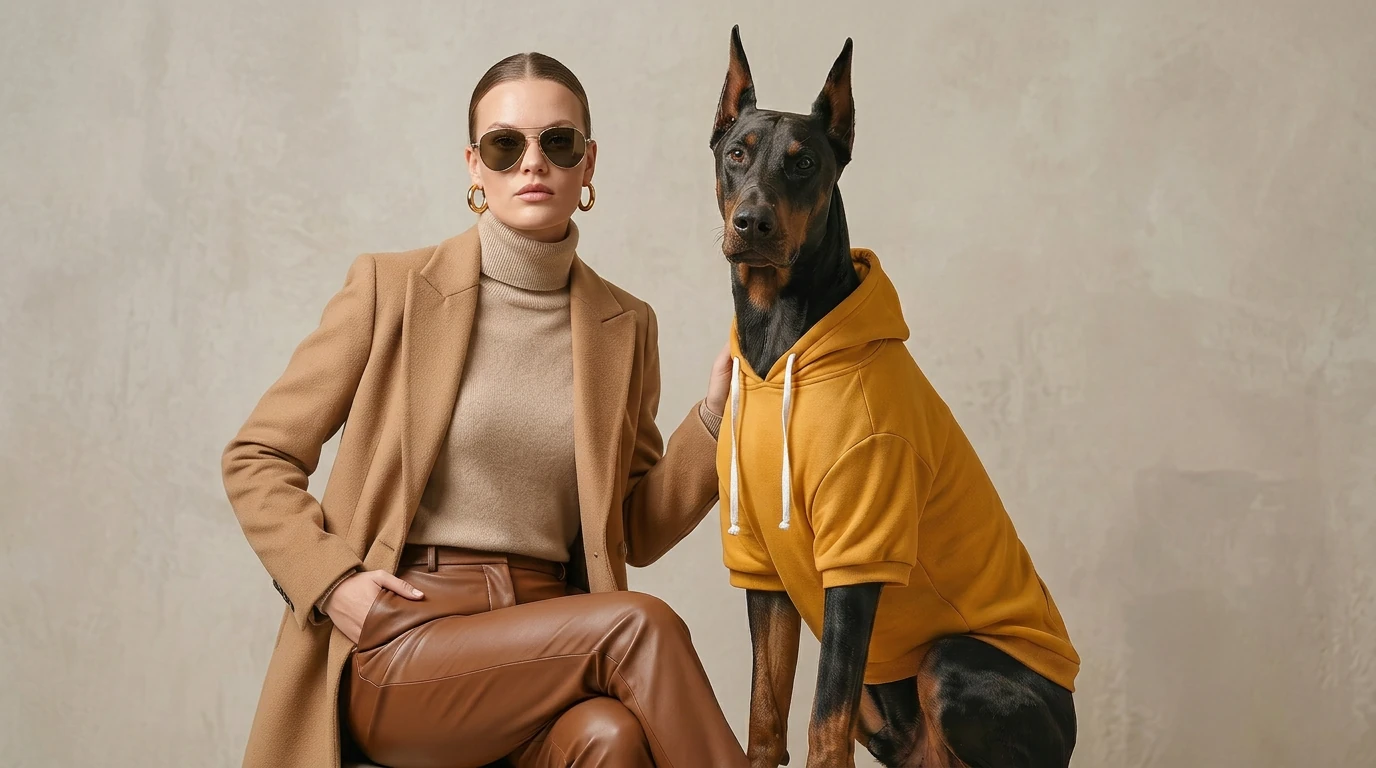 Doberman wearing mustard yellow NookPaws deep-chested dog hoodie, soft organic cotton fabric, minimalist design, neutral studio lighting, calm functional layer for active walks