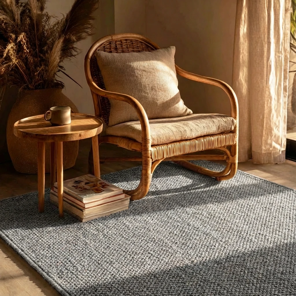 Slate grey woven rug with textured sisal-style weave anchors a calm, minimalist corner featuring a rattan chair and wooden side table, embodying harmonious pet living.