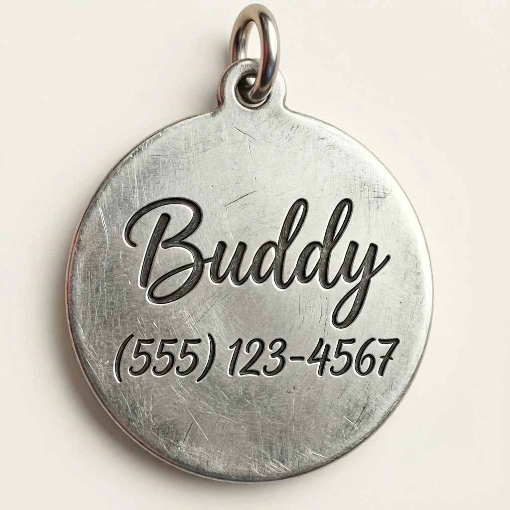 Hand-finished silver pendant with engraved name "Buddy" and contact number, featuring a brushed metal texture and minimalist design for harmonious pet living.