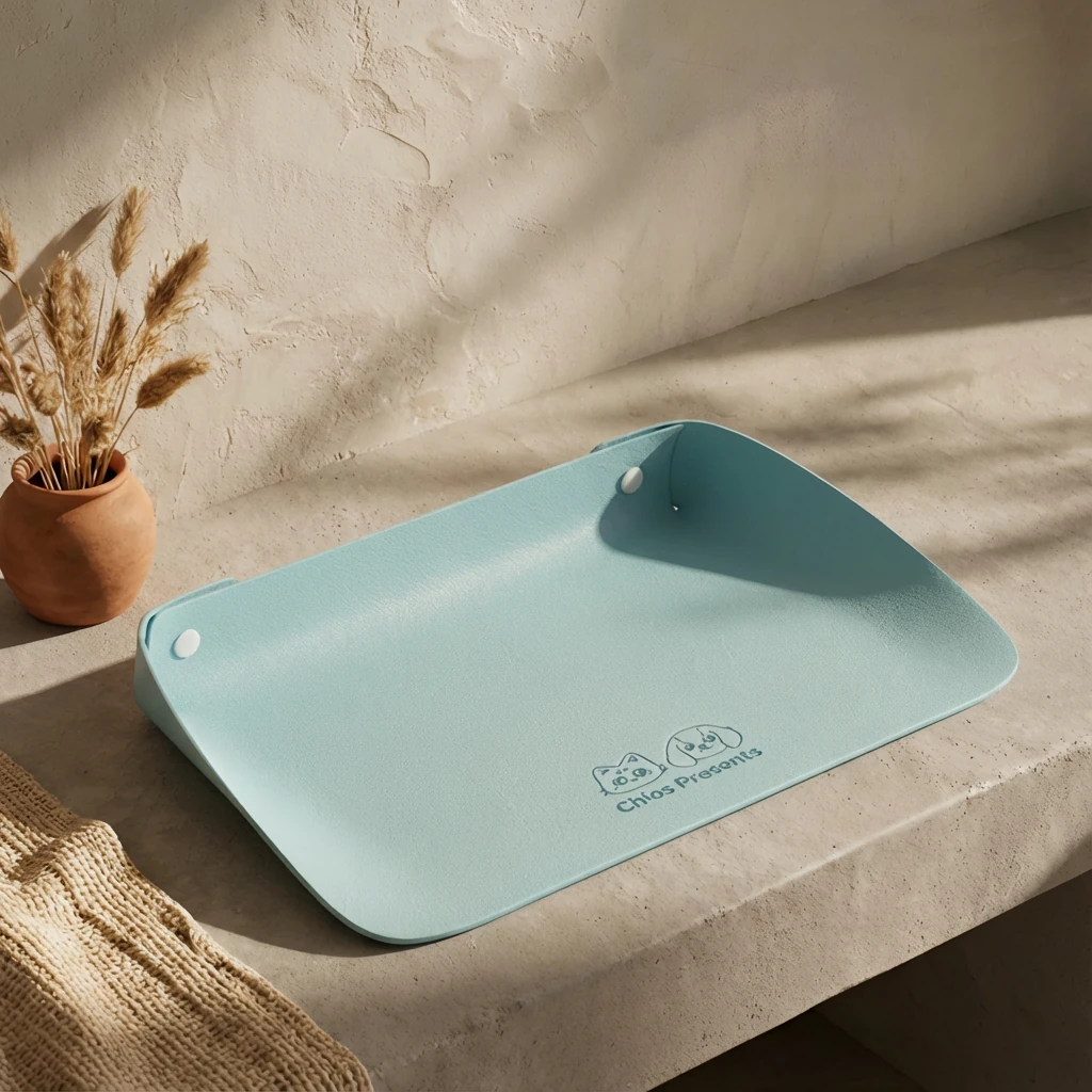Sky blue leather pet feeding mat with semi-enclosed edges rests on a textured stone surface, complementing a minimalist interior with soft natural light and earthy decor.