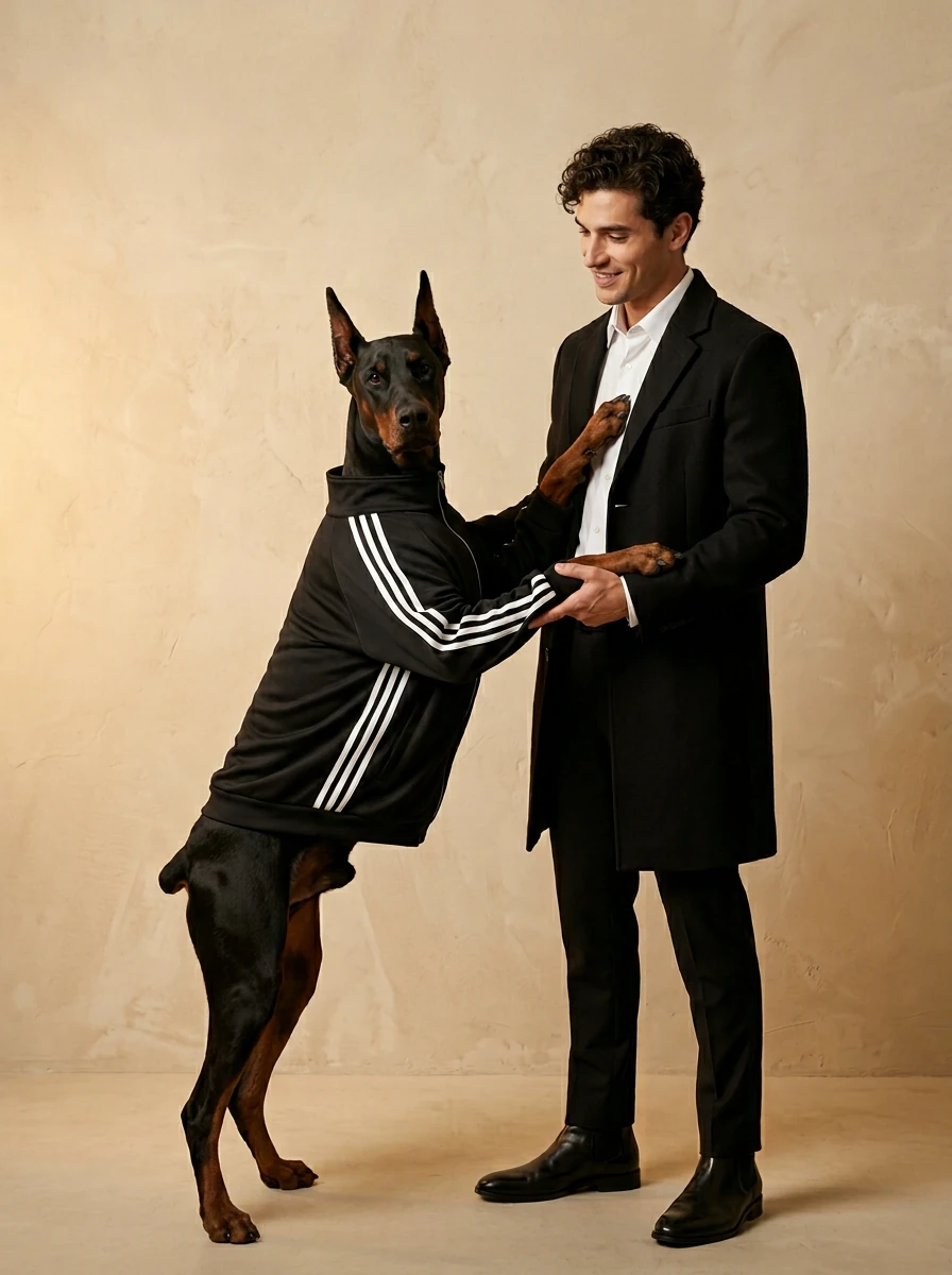 Doberman in NookPaws™ black zip-up hoodie with white stripes, standing tall in minimalist studio lighting, showcasing sleek fit for deep-chested breeds.