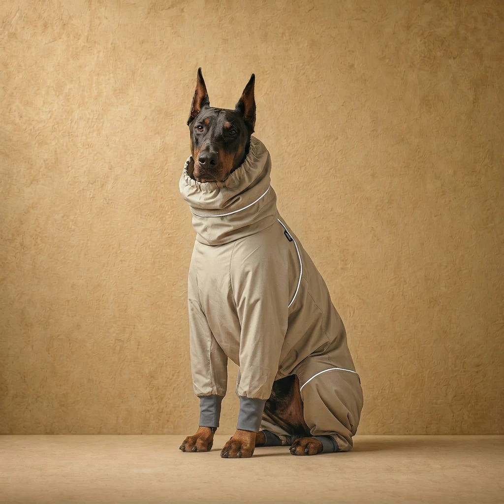Doberman in a stone-colored rainproof dog coat with full four-legged coverage, featuring a high collar and clean, athletic fit for deep-chested breeds.