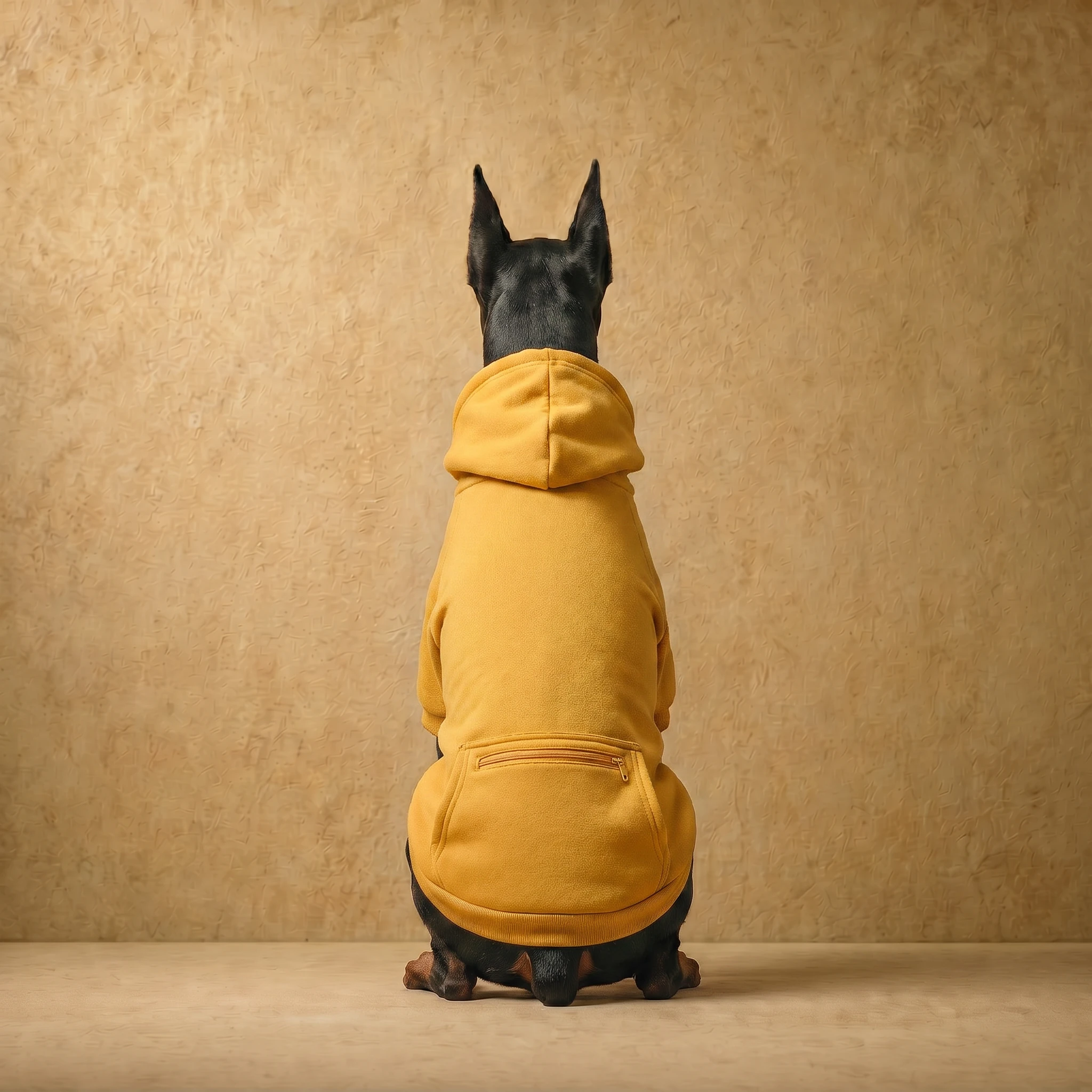Doberman in a mustard yellow dog hoodie with a clean, athletic fit, featuring a rear zipper pocket and soft fleece texture, designed for deep-chested breeds.