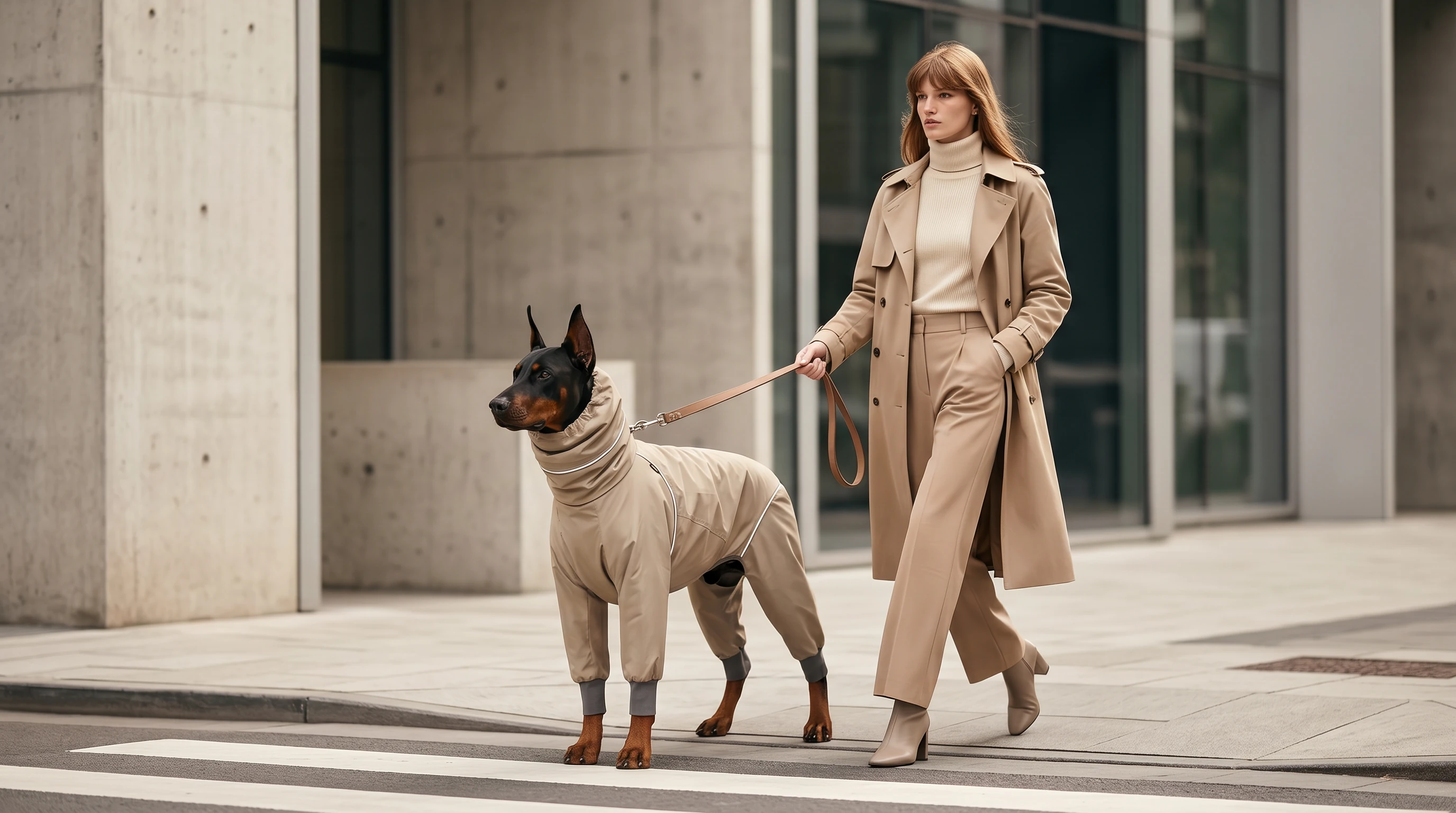 Doberman in NookPaws rain layer, full-coverage waterproof coat with sleek beige finish, walking beside owner in matching trench, minimalist urban style, soft diffused lighting, textured concrete backdrop