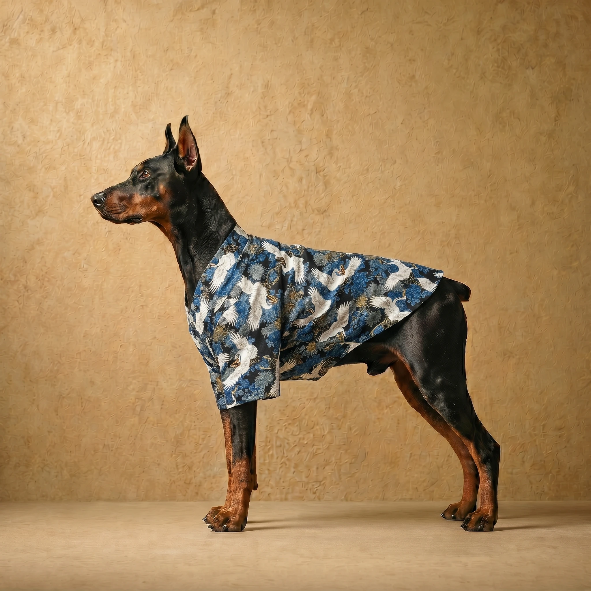 Doberman in a lightweight, athletic-cut shirt with a blue crane and floral pattern, designed for deep chests—clothes that fit dobermans with a clean, refined silhouette.
