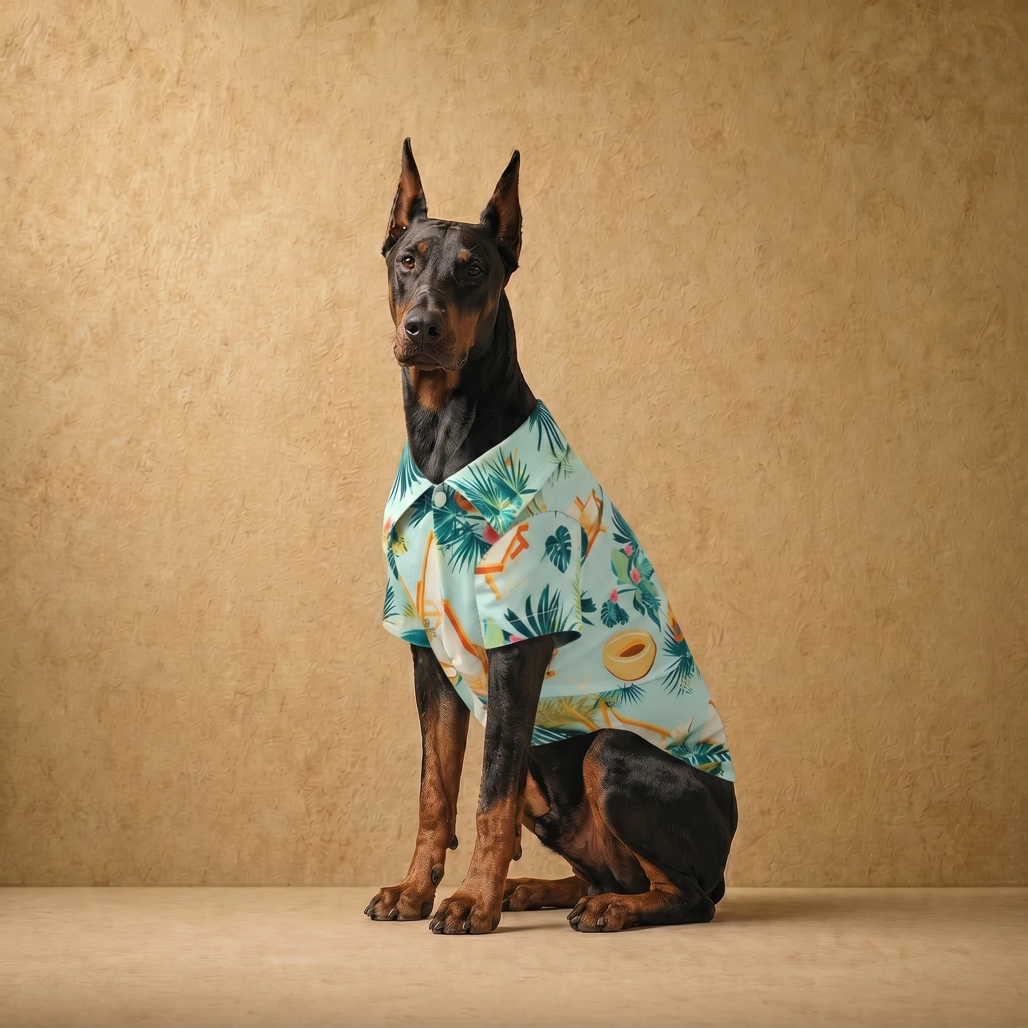 Doberman wearing a lightweight tropical-print summer shirt in Island Mist, designed for deep chests and lean frames, with a clean fit and breathable fabric for warm weather.