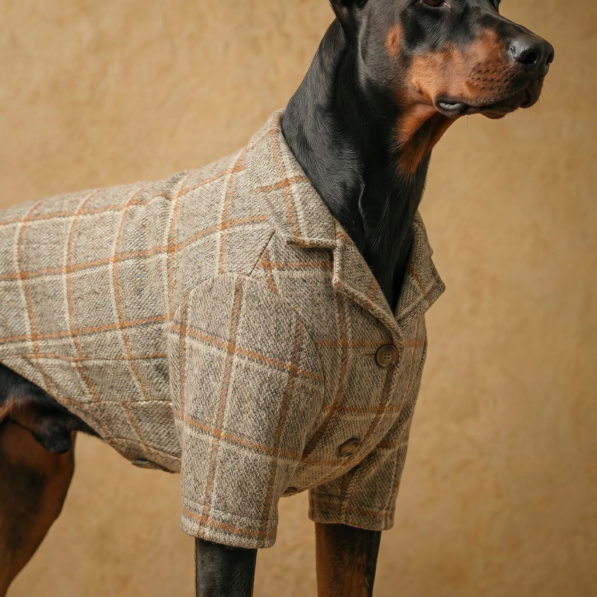 Doberman in NookPaws™ wool-blend blazer, tailored for deep-chested breeds, showcasing soft texture and minimalist design against warm, neutral backdrop.