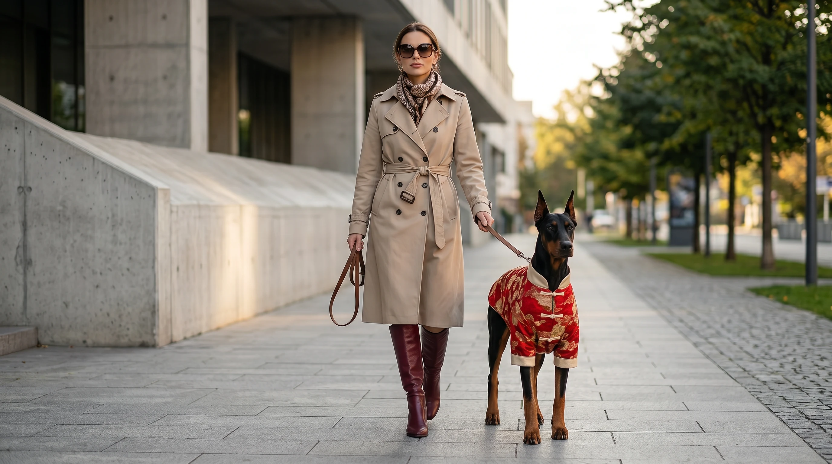 Doberman in NookPaws Heritage Coat with red embroidered fabric, walking beside owner in trench coat on stone path, golden light filtering through trees, minimalist urban setting.