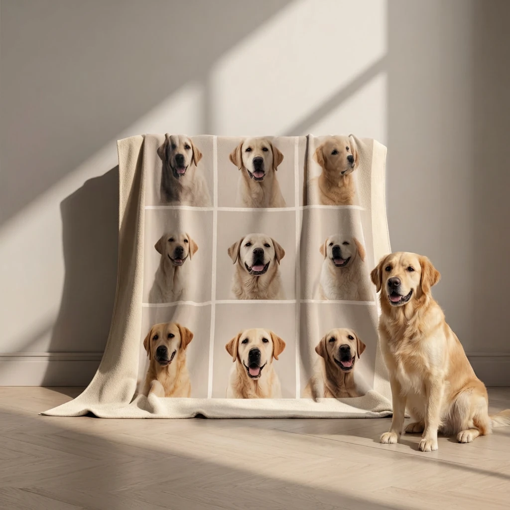 Soft cream flannel throw with a nine-grid of golden retriever portraits, draped in a minimalist interior bathed in natural light, embodying harmonious pet living.