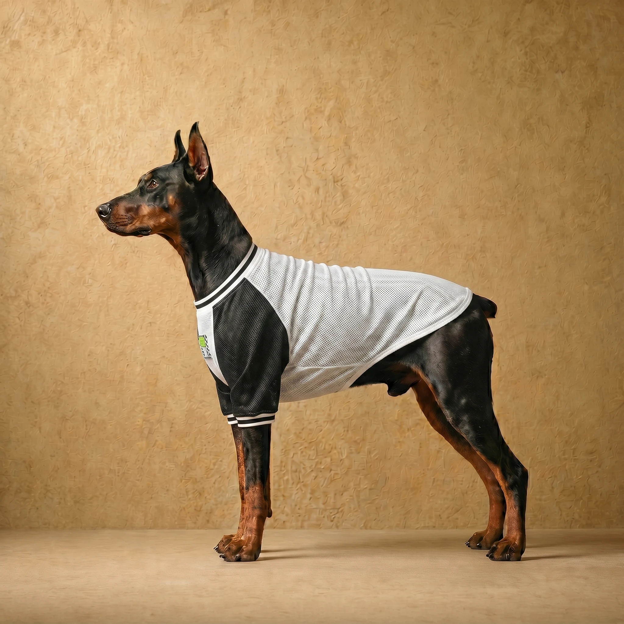 Doberman in a white and black mesh athletic layer with clean lines and close fit, designed for deep-chested builds, showcasing breathable fabric and structured sleeves for active wear.