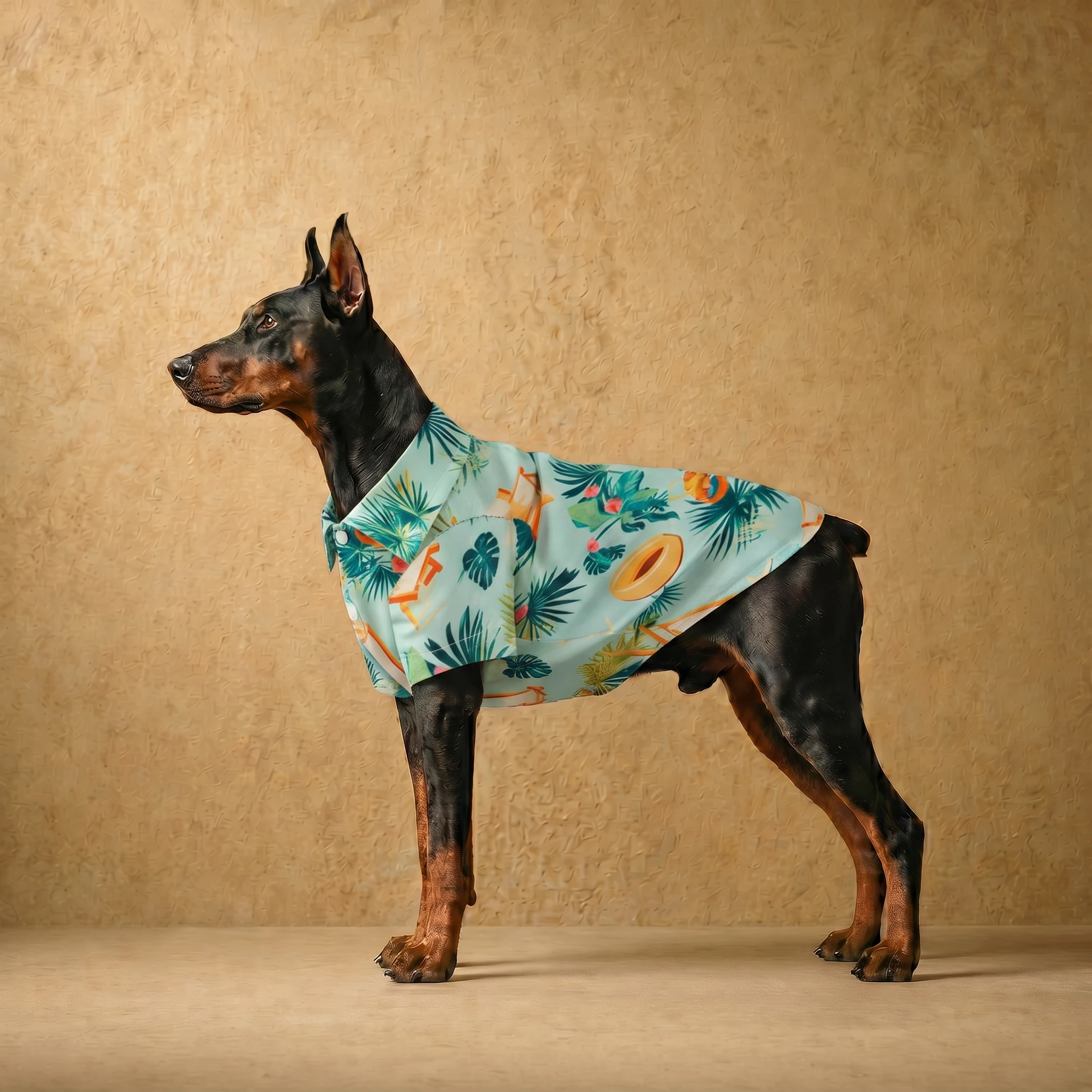 Doberman wearing a lightweight tropical-print summer shirt with a relaxed fit, designed for large dogs with deep chests, in a breathable fabric with leaf and fruit patterns against a warm neutral backdrop.