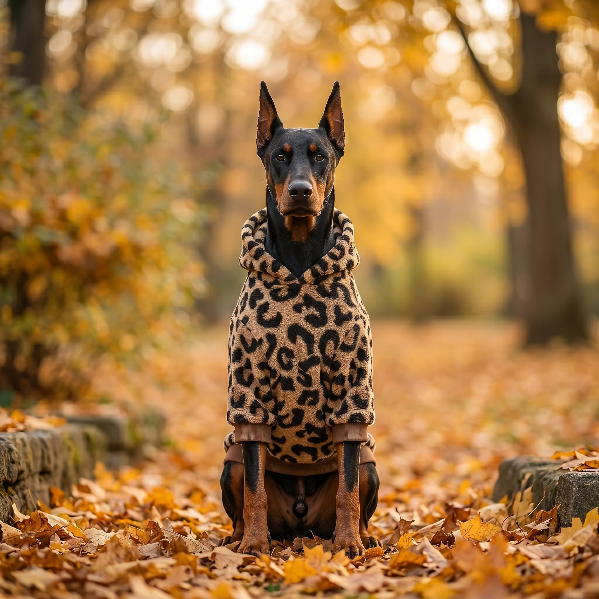 Doberman in NookPaws™ Deep Chest Sherpa Hoodie, high-pile leopard-print fleece, warm for cold weather, minimalist fit, golden autumn forest, soft natural light, calm demeanor