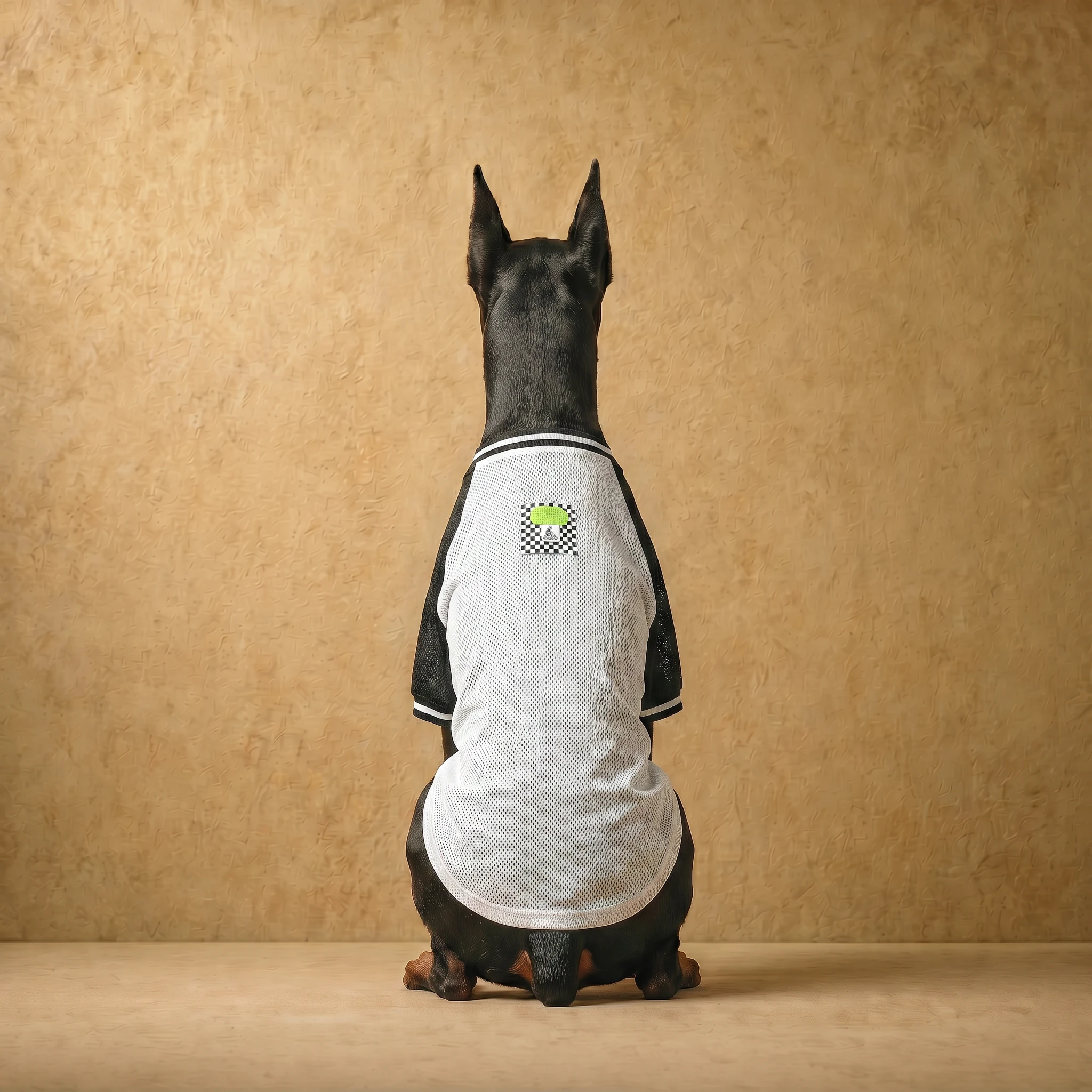 Doberman wearing a white mesh athletic layer with black sleeves, featuring a clean, close fit and a small lime green logo on the back, designed for large breeds with deep chests.