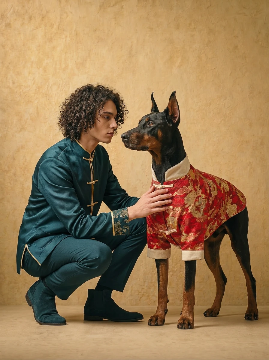 Doberman in red heritage coat with gold brocade, paired with owner in matching teal attire, minimalist studio lighting highlighting deep-chested fit and textured fabric.