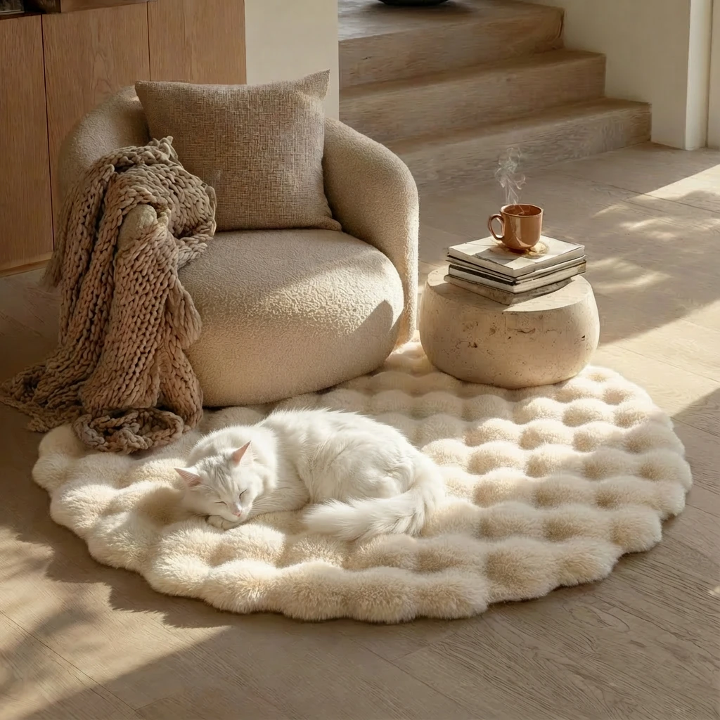 Soft cream circular rug with cloud-soft bubble texture, nestled in a minimalist interior. A white cat rests peacefully, embodying harmonious pet living.