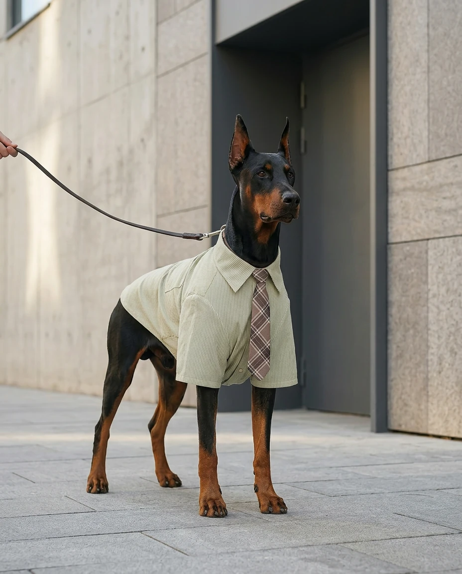 Doberman in NookPaws™ Deep Chest Striped Shirt, breathable cotton-linen fabric, soft natural light, minimalist urban backdrop, calm functional fit